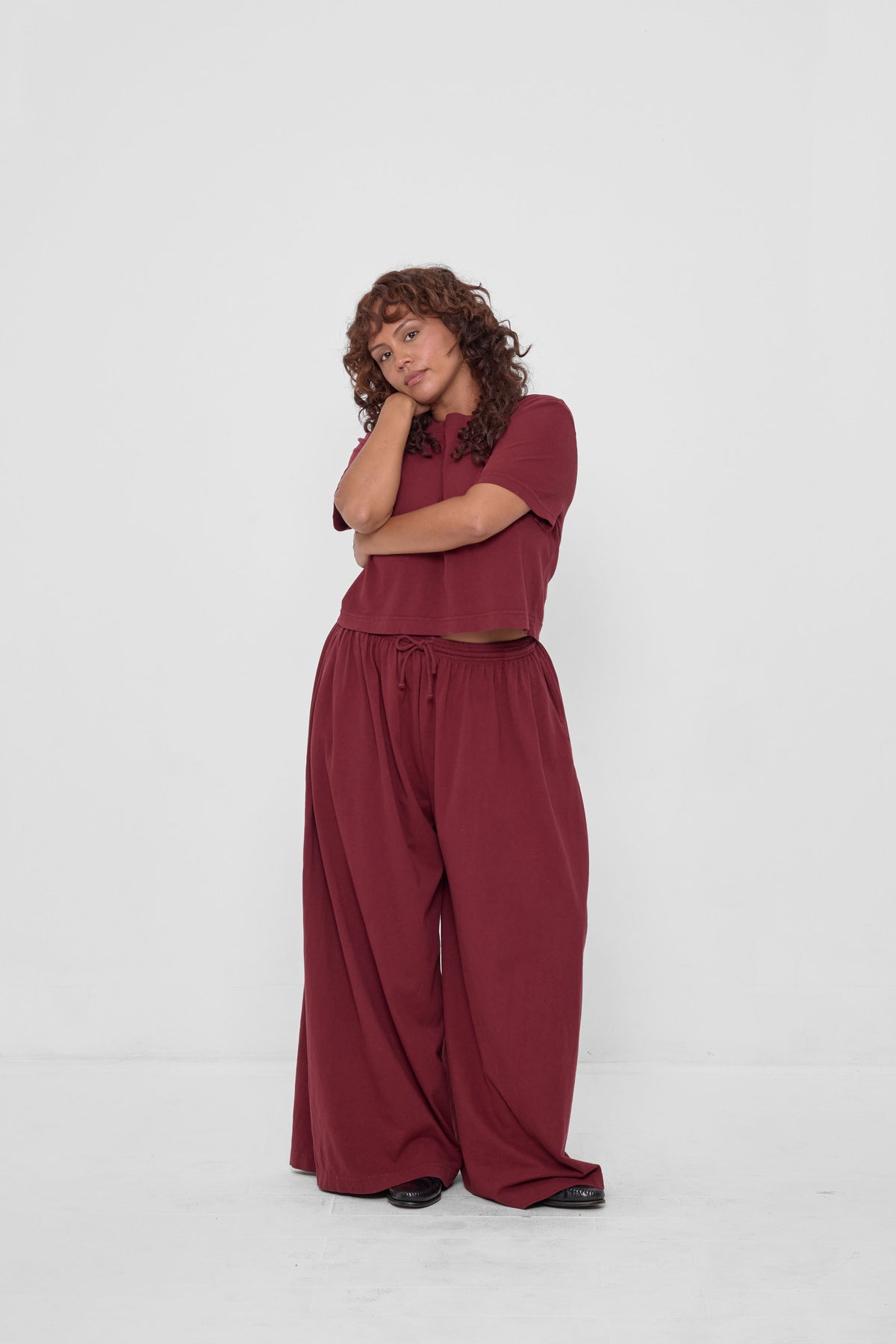 Baby Trash Tee in Garnet – styled with matching Tubular Pants