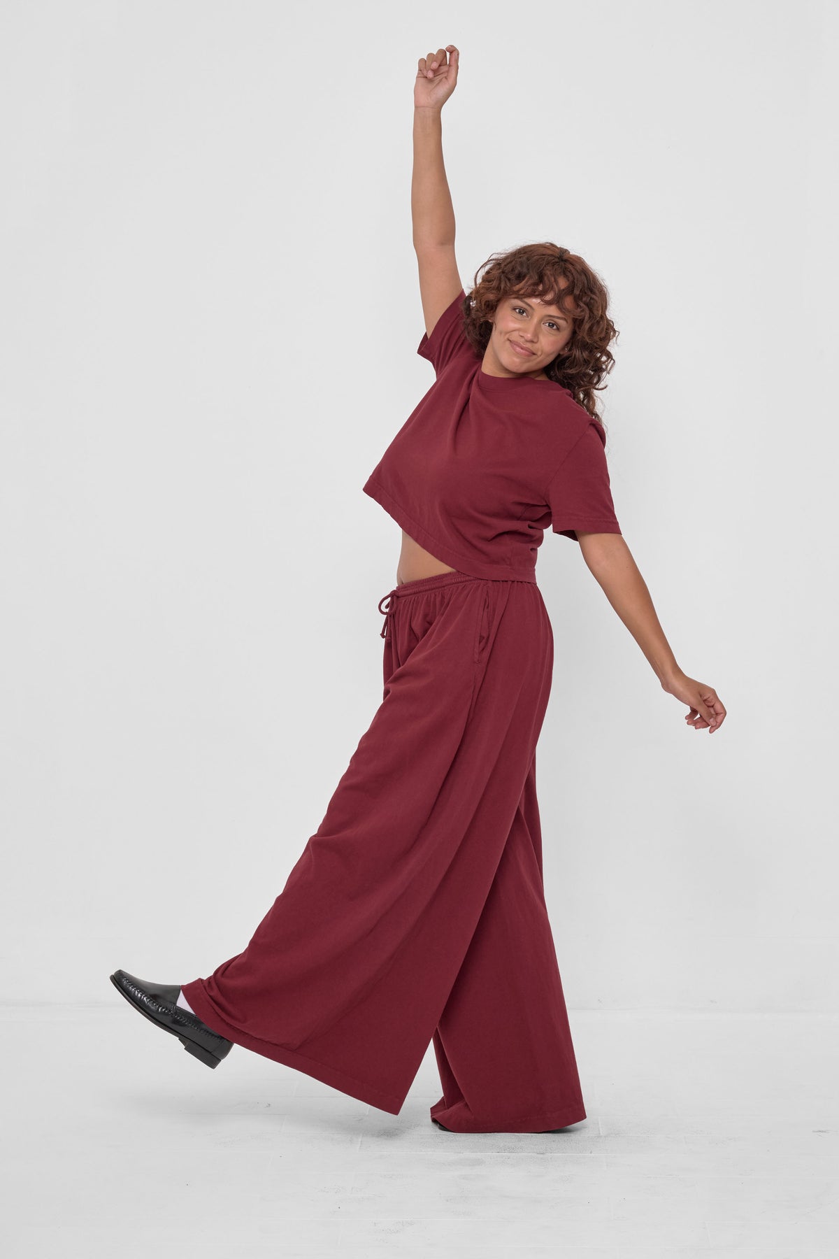 Baby Trash Tee in Garnet – styled with matching Tubular Pants