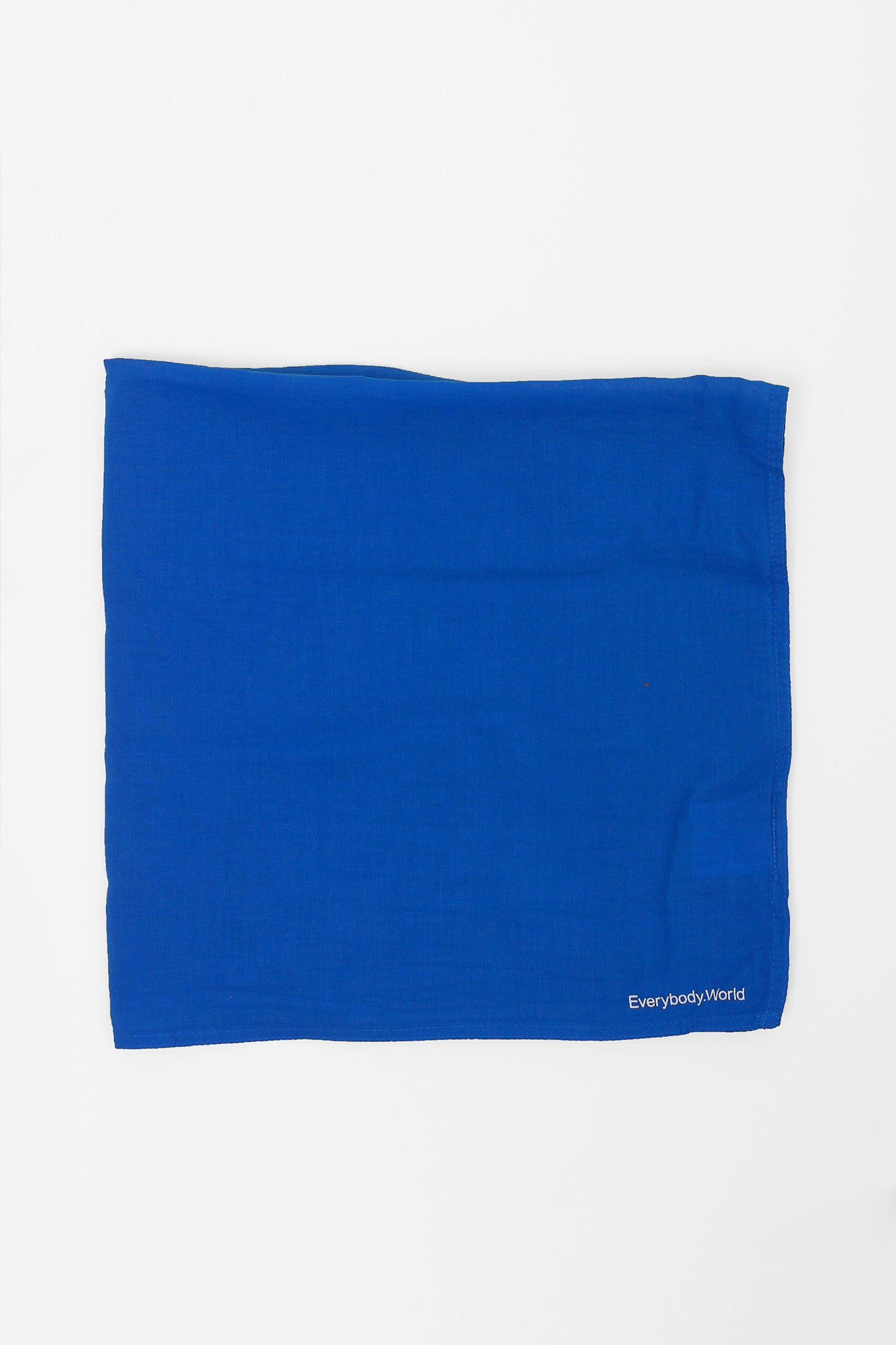 Flat lay of Lapis bandana scarf with 'Everybody World' branding on a light gray background
