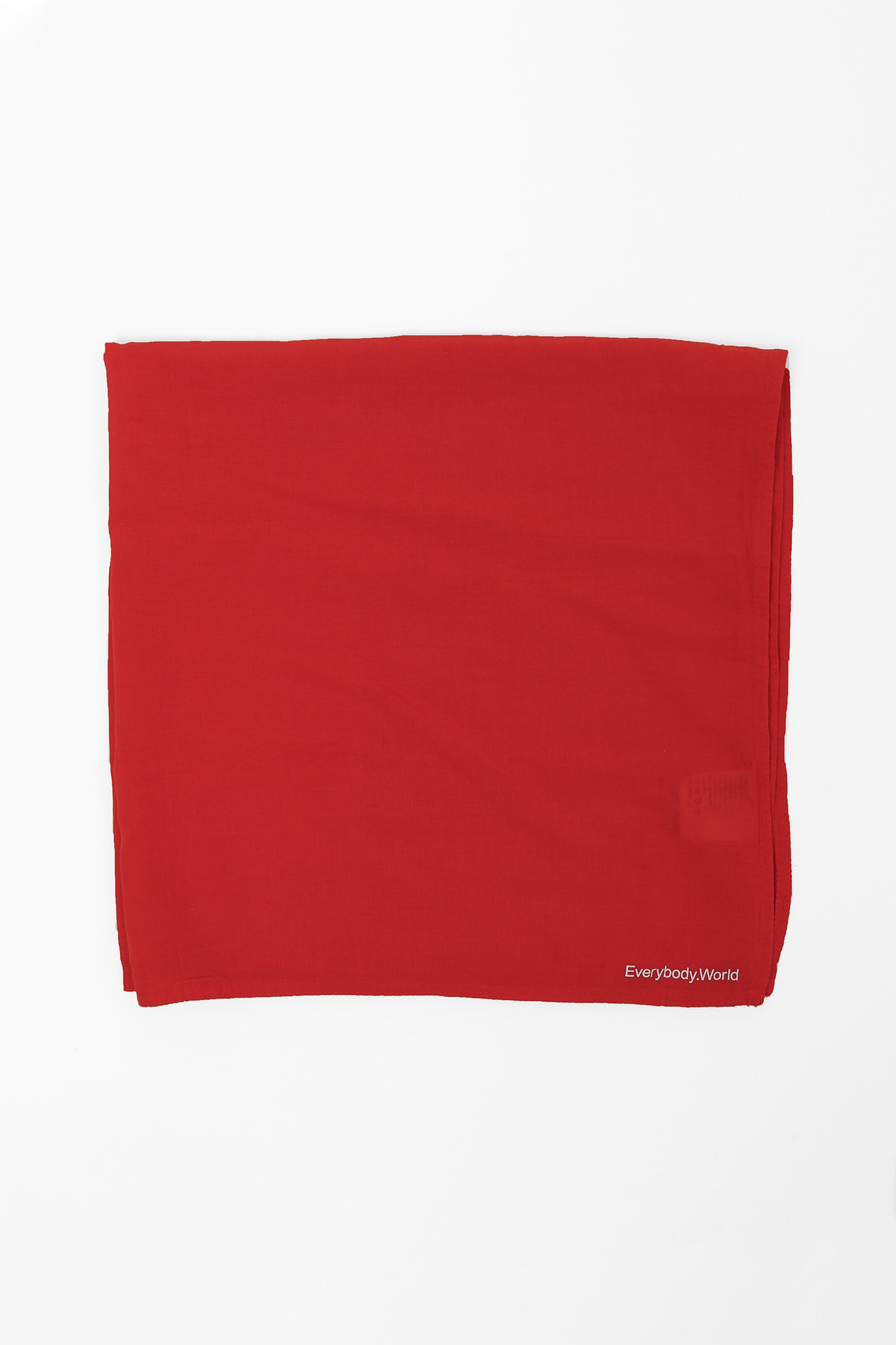Flat lay of Lava bandana scarf with 'Everybody World' branding on a light gray background
