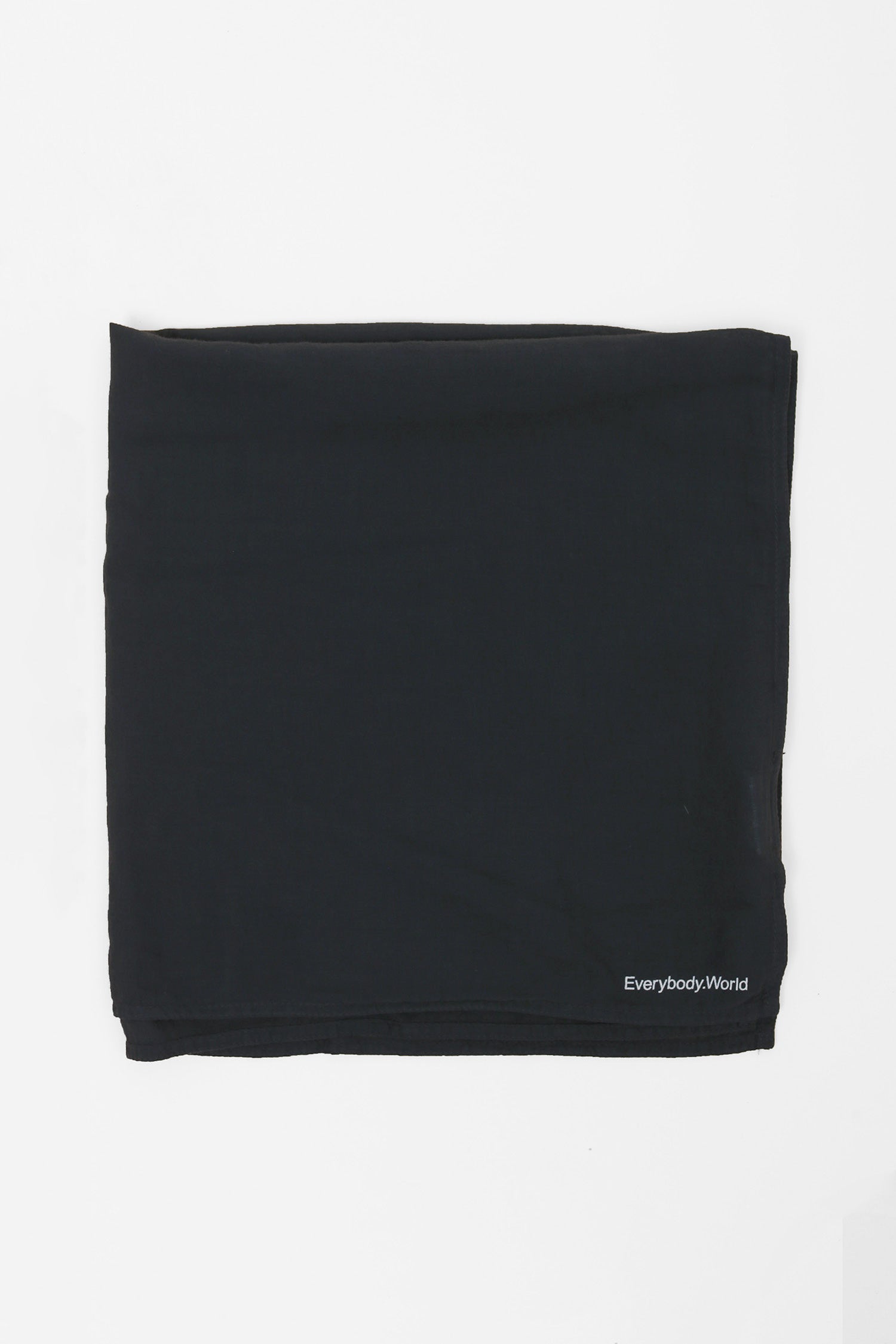 Flat lay of Slate bandana scarf with 'Everybody World' branding on a light gray background