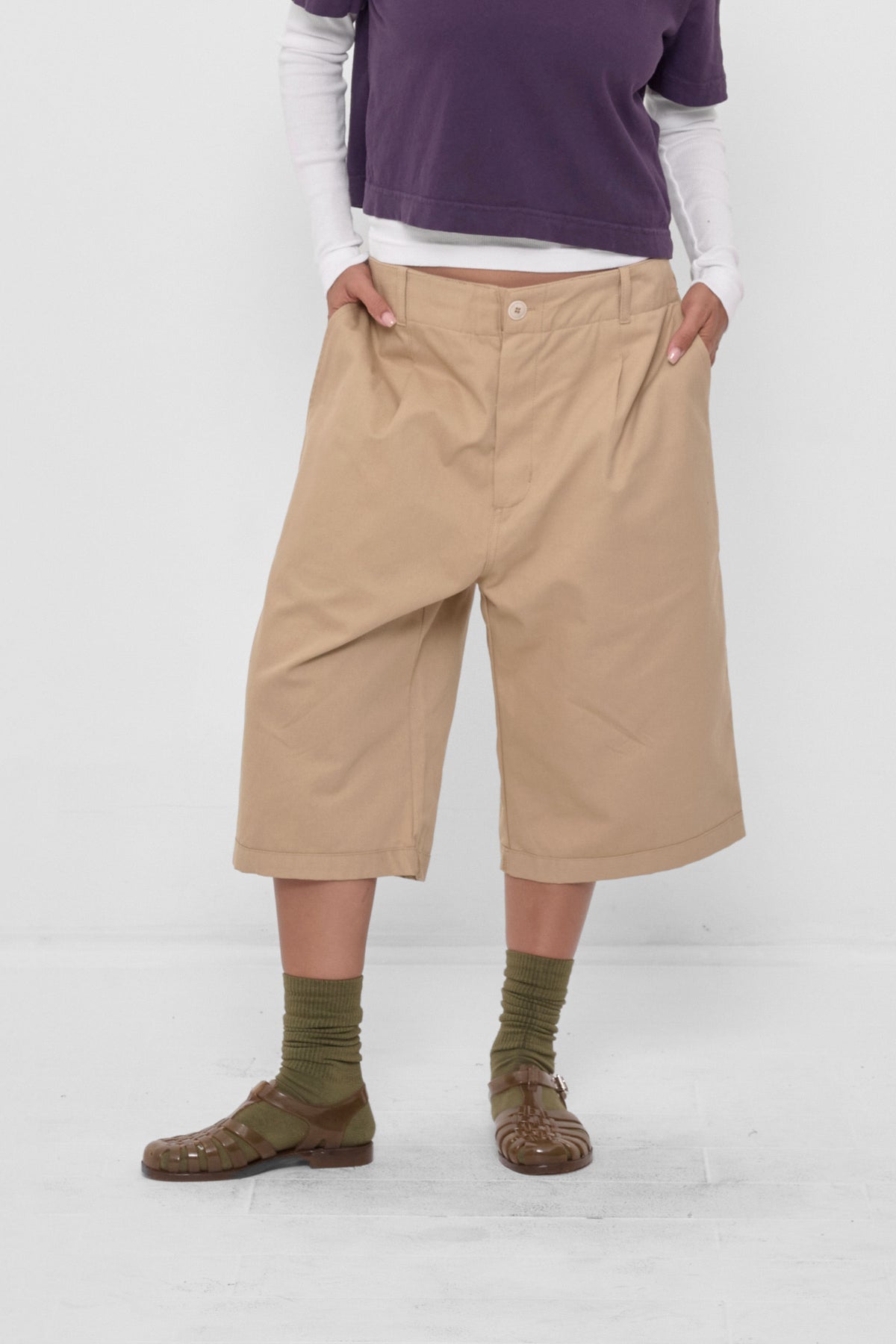 Bermuda Shorts in Sand Storm – front view on model