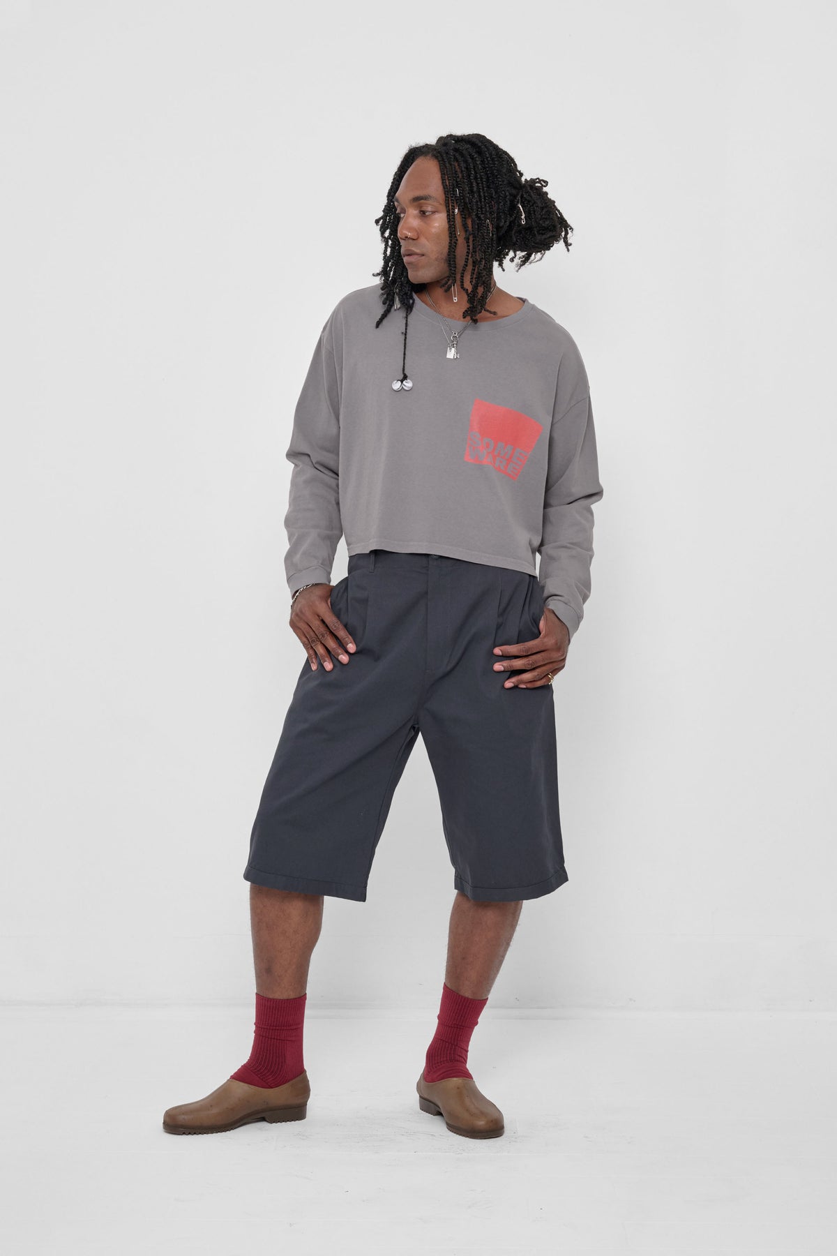 Bermuda Shorts in Slate – on model, styled with SW201 New Logo shirt