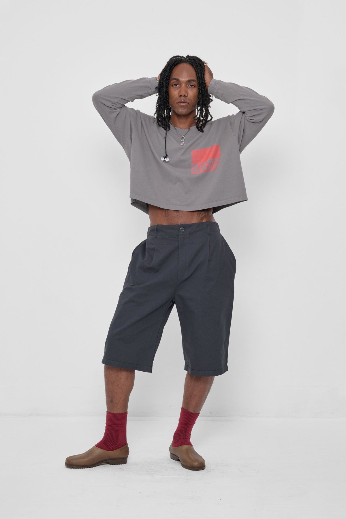 Bermuda Shorts in Slate – on model, styled with SW201 New Logo shirt
