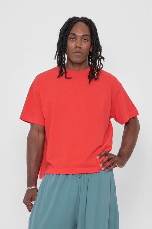 Boxier Trash Tee in Lava – front view on model