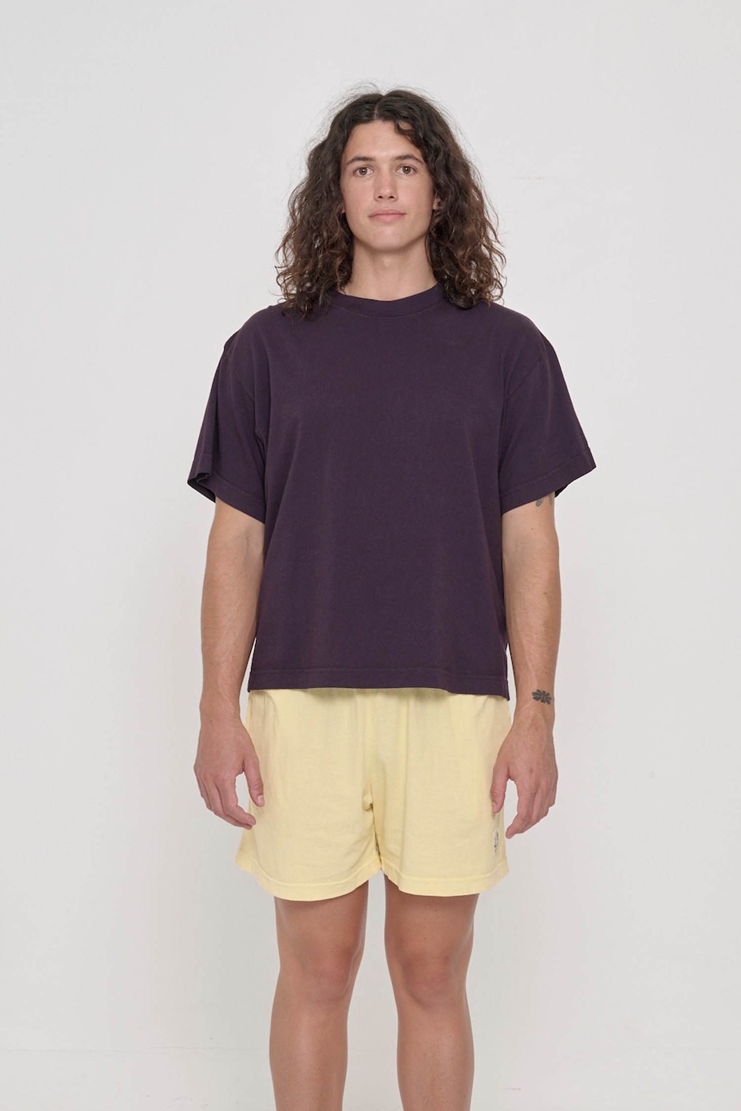 Front view of a person wearing Mulberry dark purple Boxier Trash Tee. Bottom hem cropped to the mid upper hip.