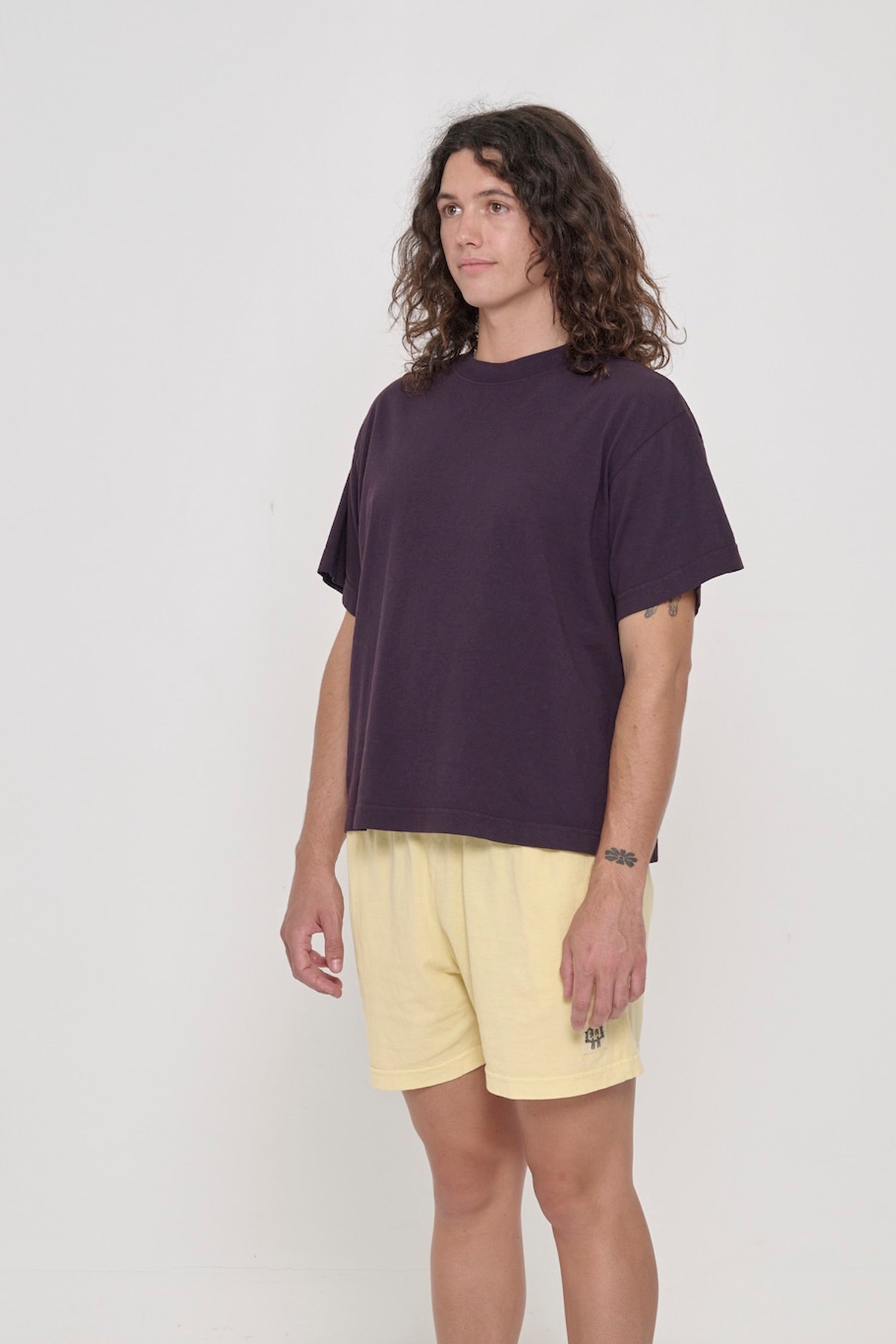3/4 front view of person wearing Mulberry  Boxier Trash Tee with no side seams and wider than classic short sleeves. 
