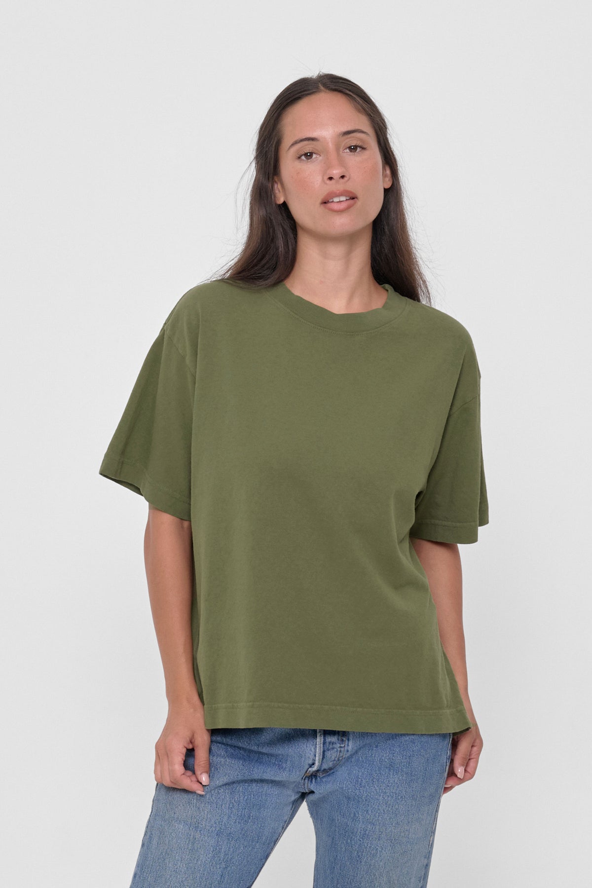 Boxier Trash Tee in Olive – front view on model