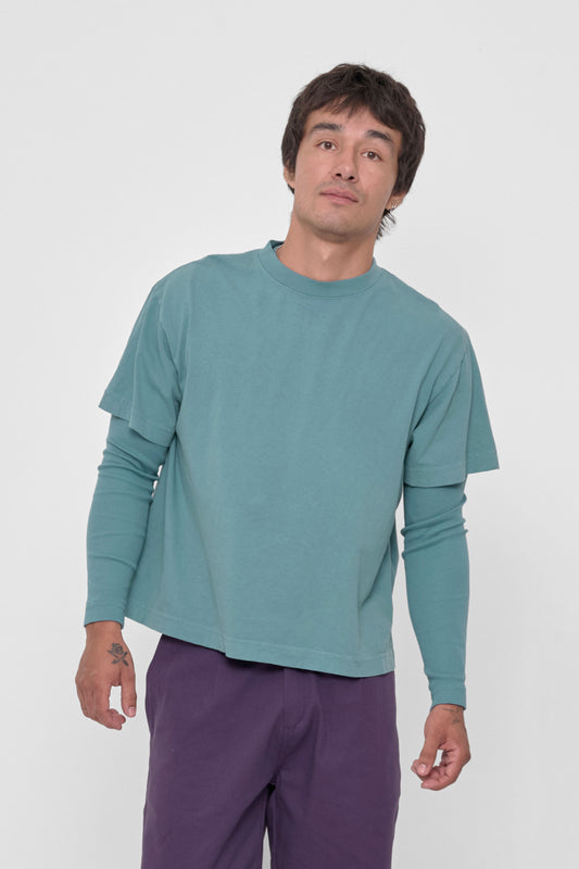 Boxier Trash Tee in Oyster – front view layered over matching Rib Long Sleeve