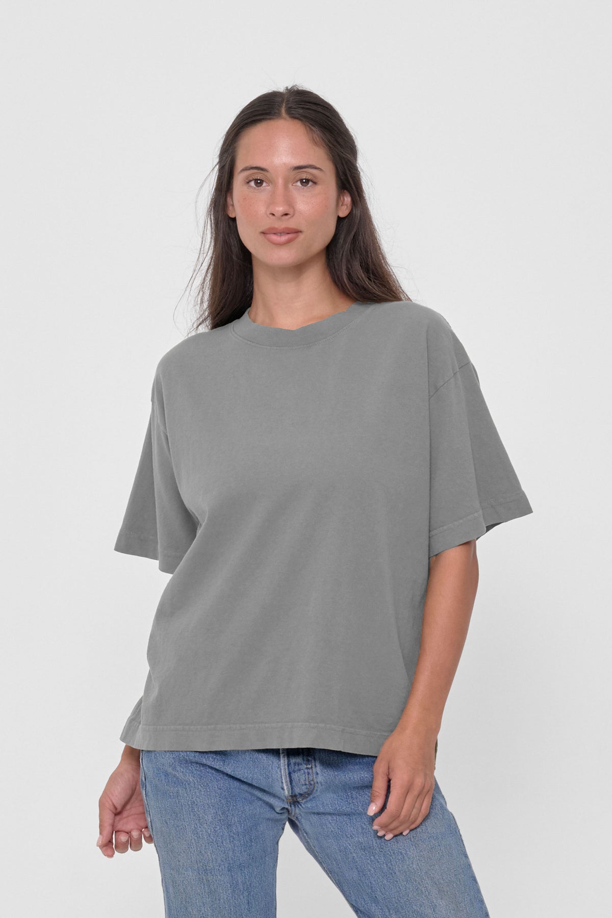 Boxier Trash Tee in Stone – front view on model