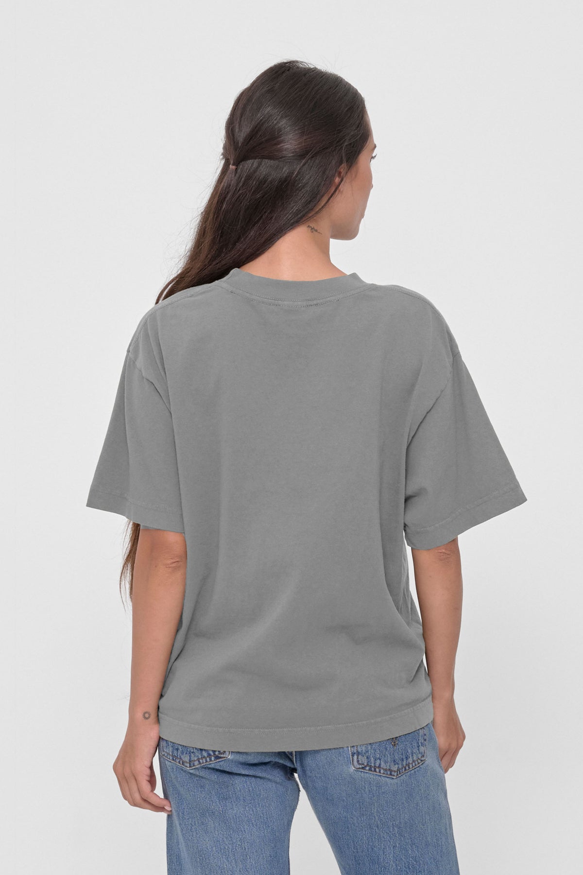 Boxier Trash Tee in Stone – back view on model