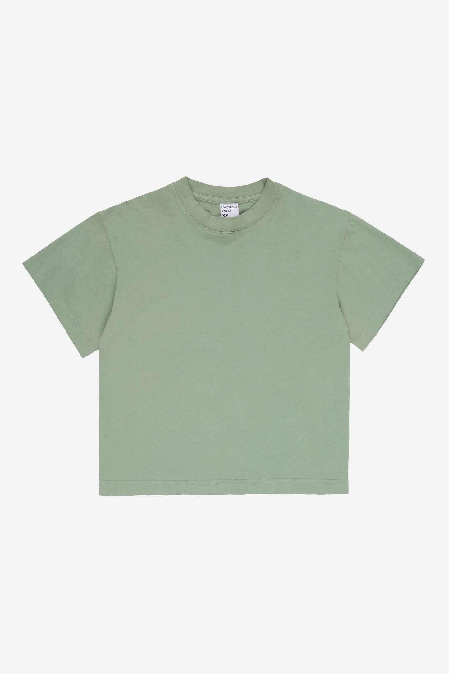 Flat lay of Wasabi light green Boxier Trash Tee showing the cut of the t-shirt.