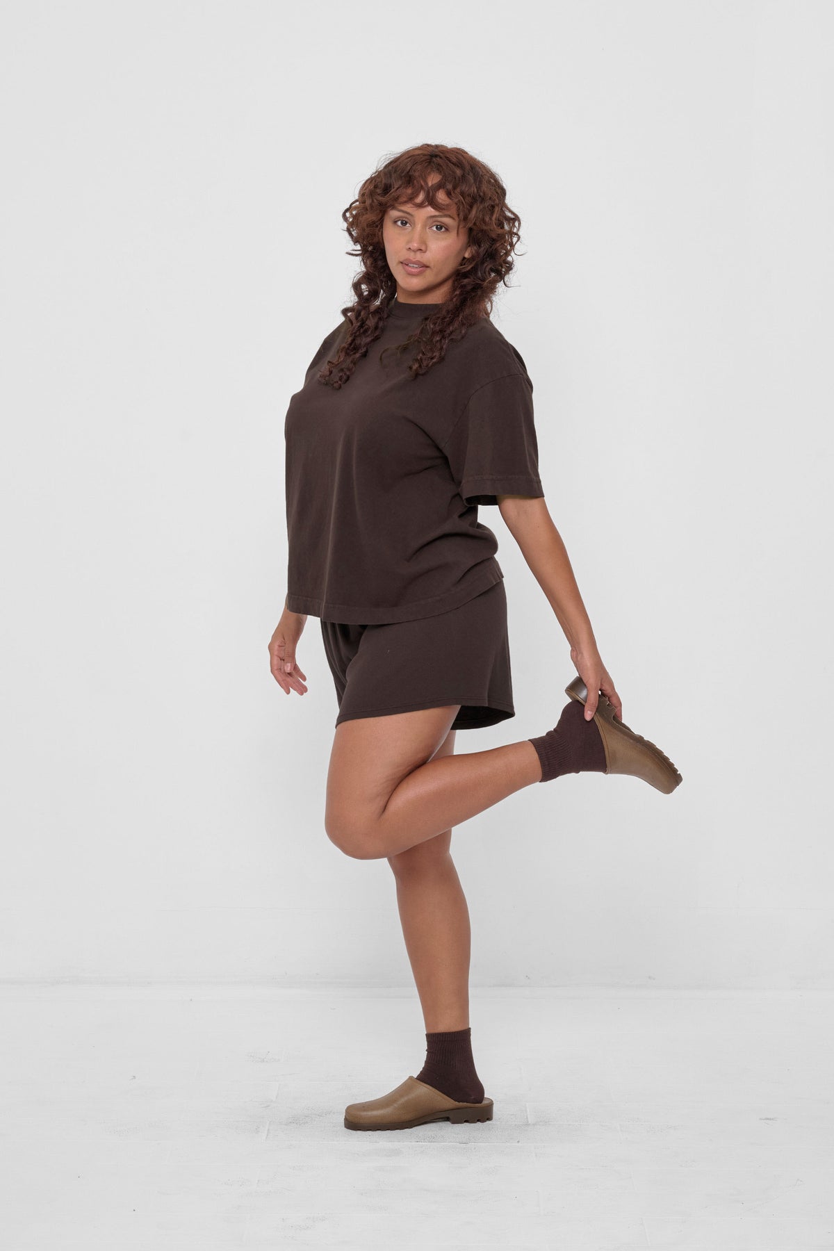 Boxier Trash Tee in Wet Soil – styled with Wet Soil Rib Shorts and Plasticana shoes