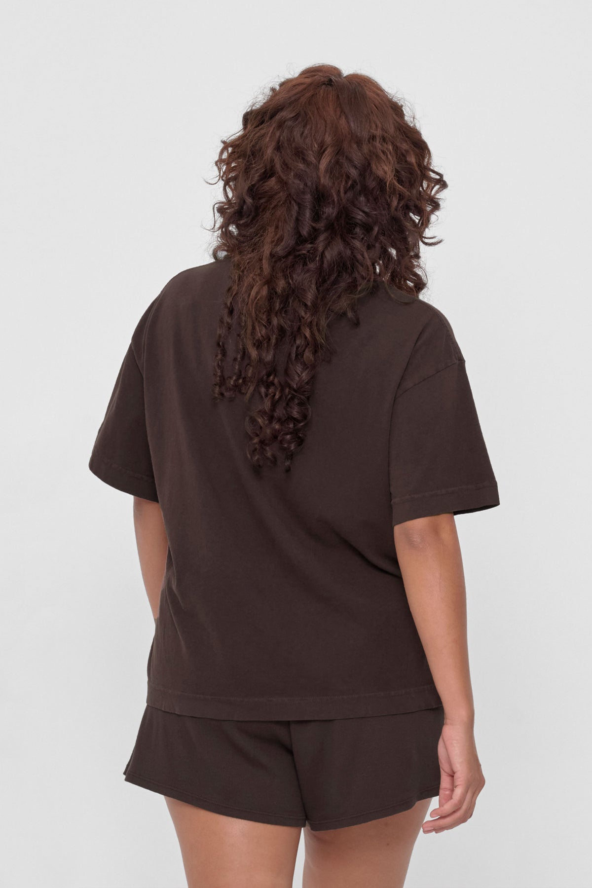 Boxier Trash Tee in Wet Soil – back view on model