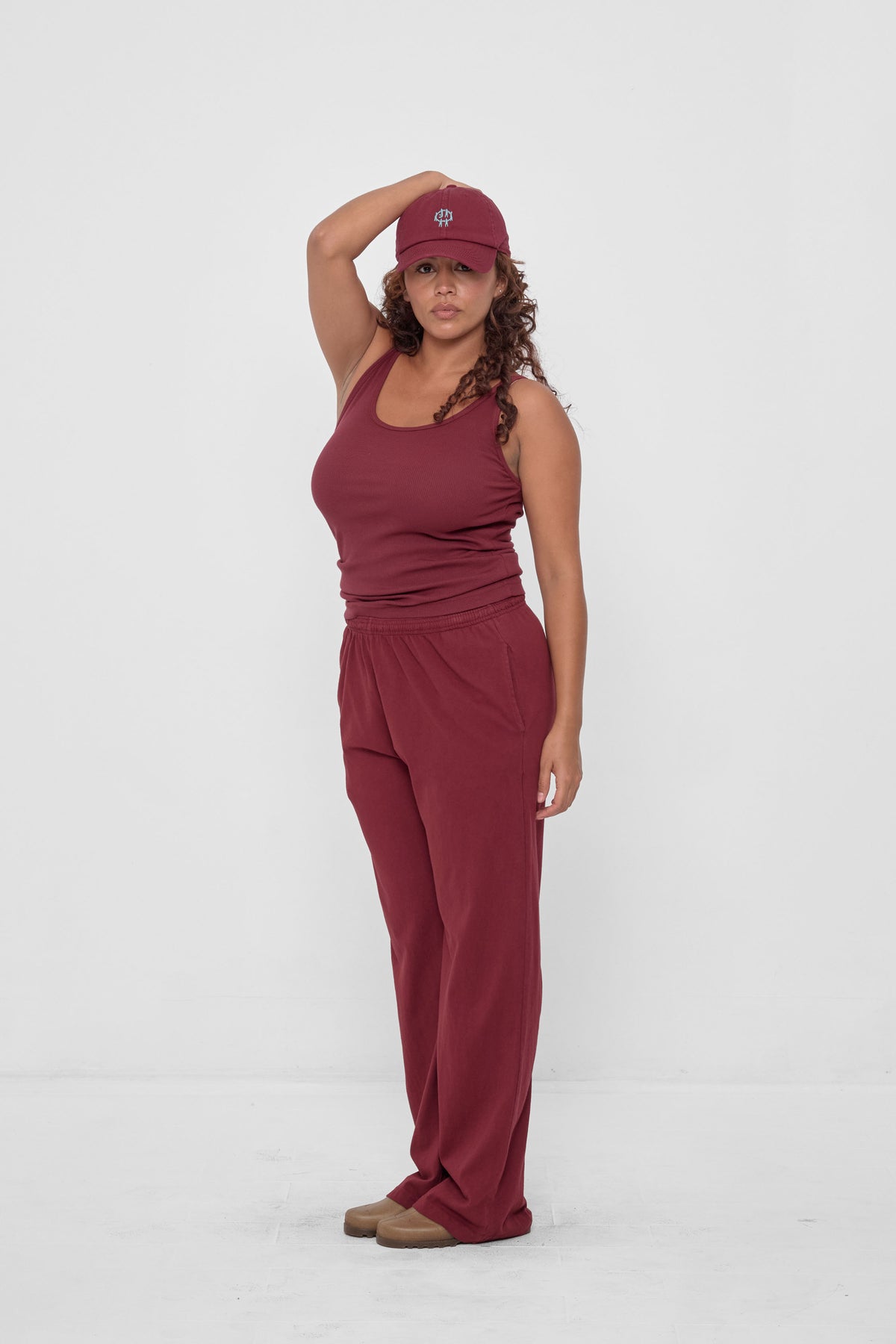 Bucky Logo Cap in Granet - styled with Garnet Rib Tank and Apartment Pants