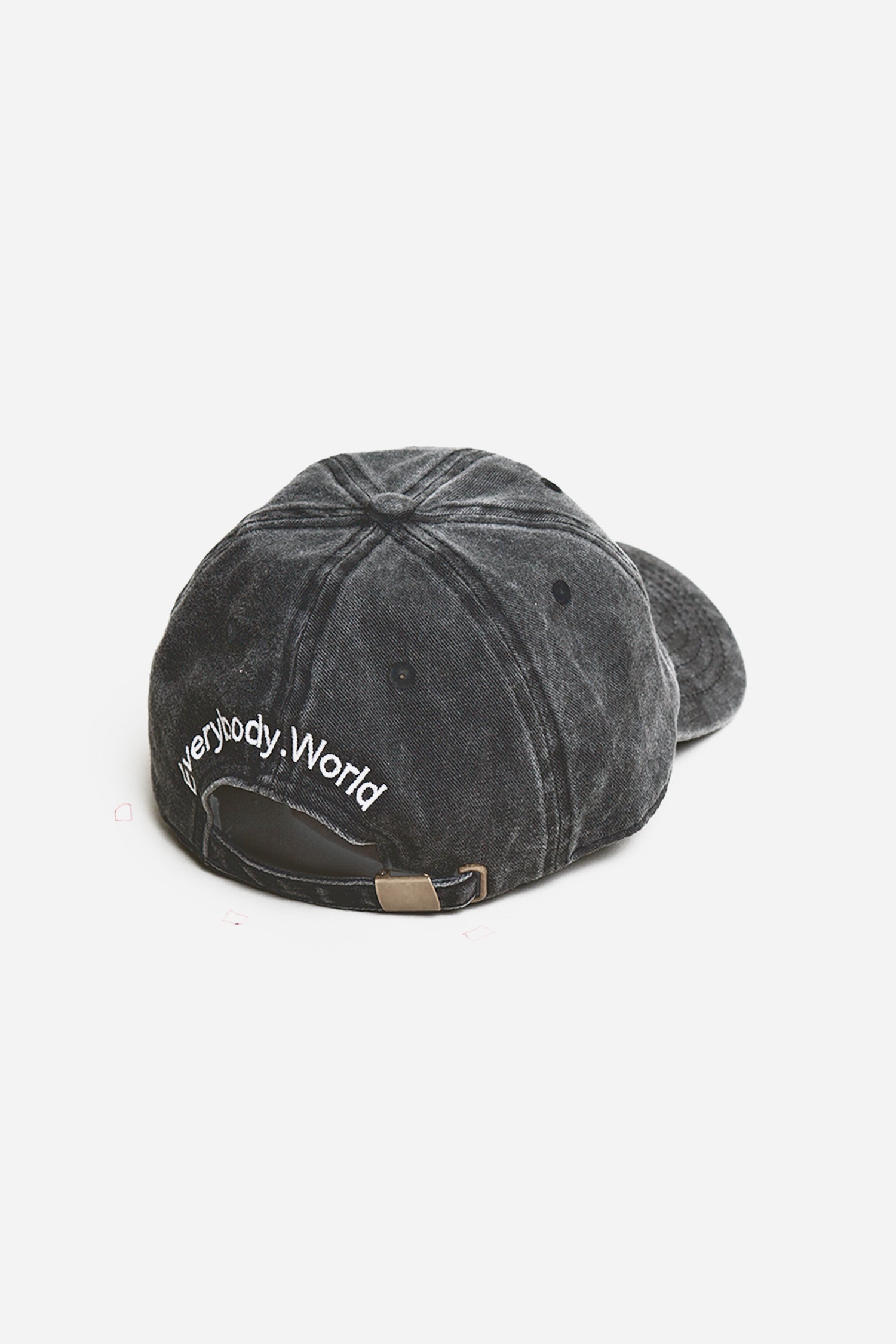 Bucky Logo Cap in Slate grey with 'Everybody,World' text embroidered in an arc above the adjustable closure. 