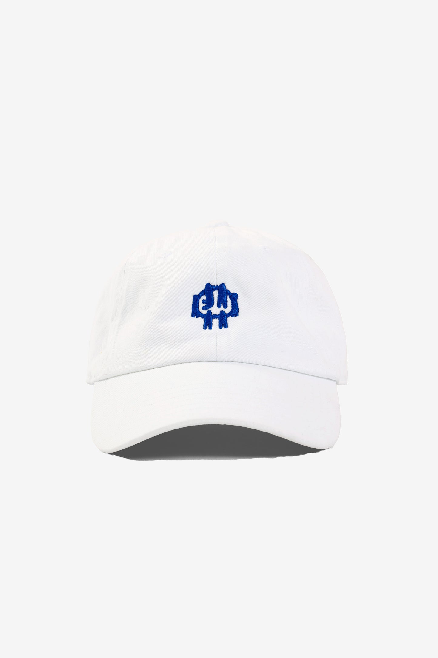 Bucky Logo Cap in White with a Lapis blue logo. Eyelets on crown panels and stitching on bill.