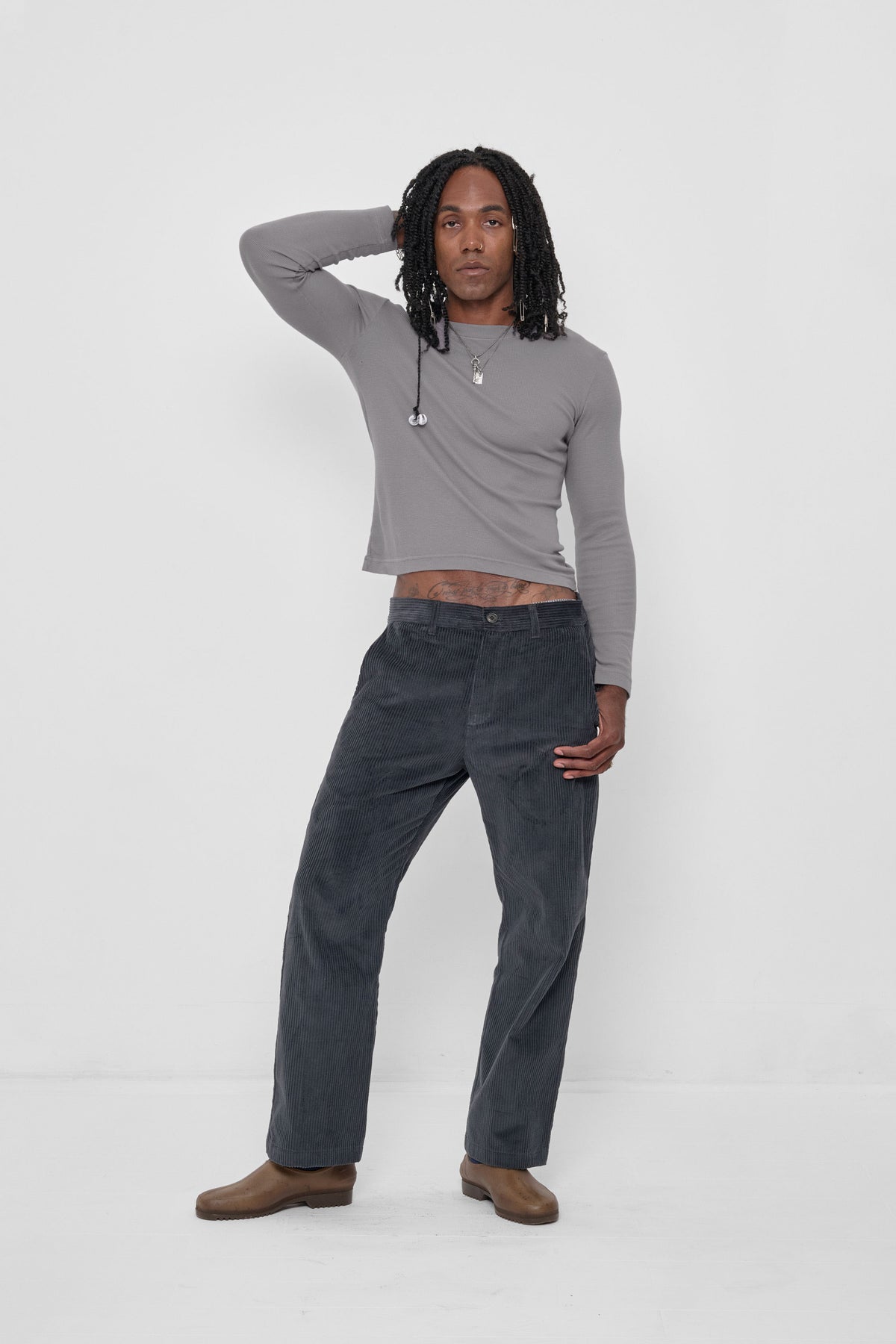 Cord Pants in Slate – styled with Stone Rib Long Sleeve