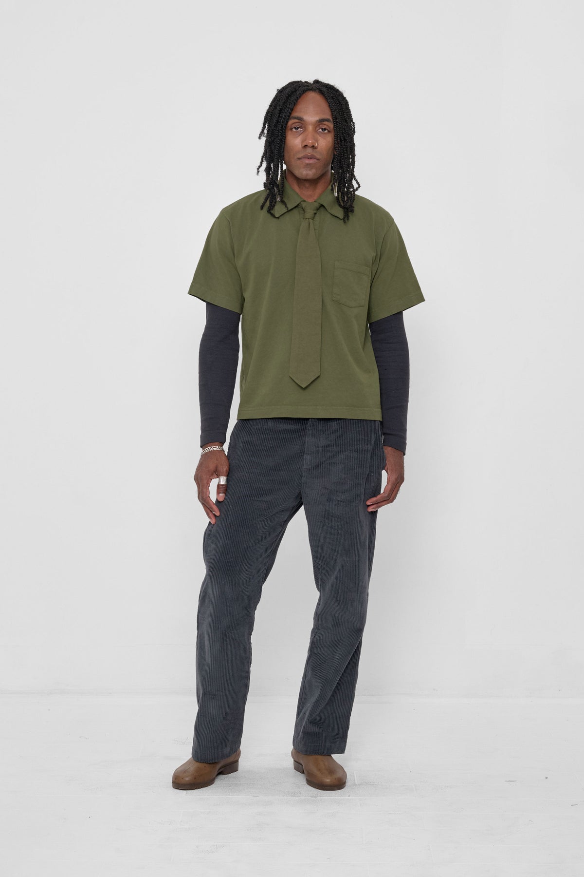 Cord Pants in Slate – styled with Slate Rib Long Sleeve, and Olive Trash Polo with matching Trash Tie 