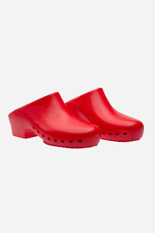A pair of Red Calzuro Classic Clogs with a no-slip sole and arch support. Logo on upper side the shoe.