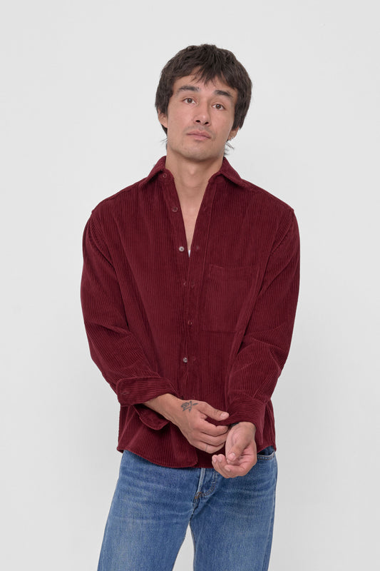 Cord Button-Up Shirt in Garnet – front view on model