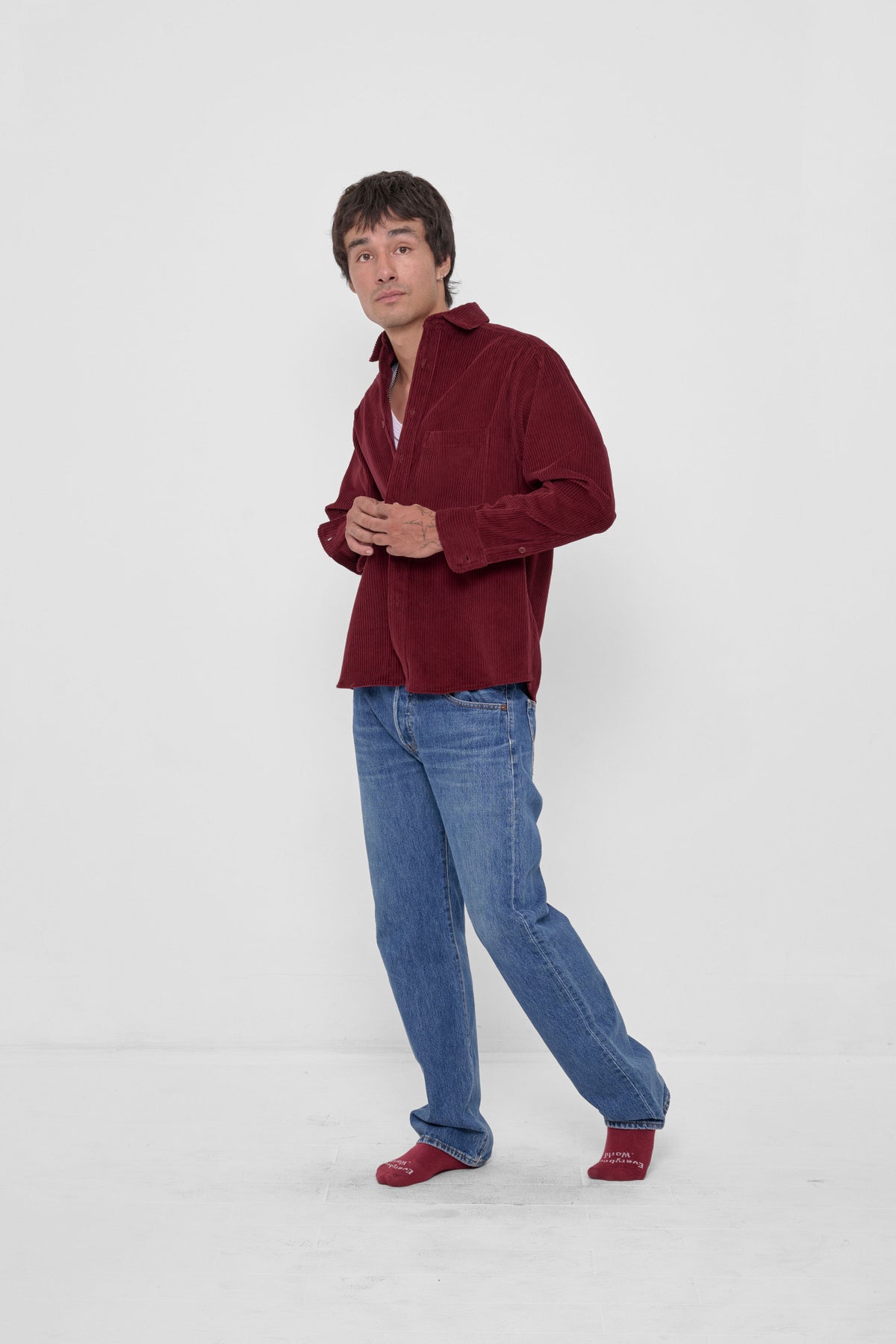 Cord Button-Up Shirt in Garnet – full body front view on model