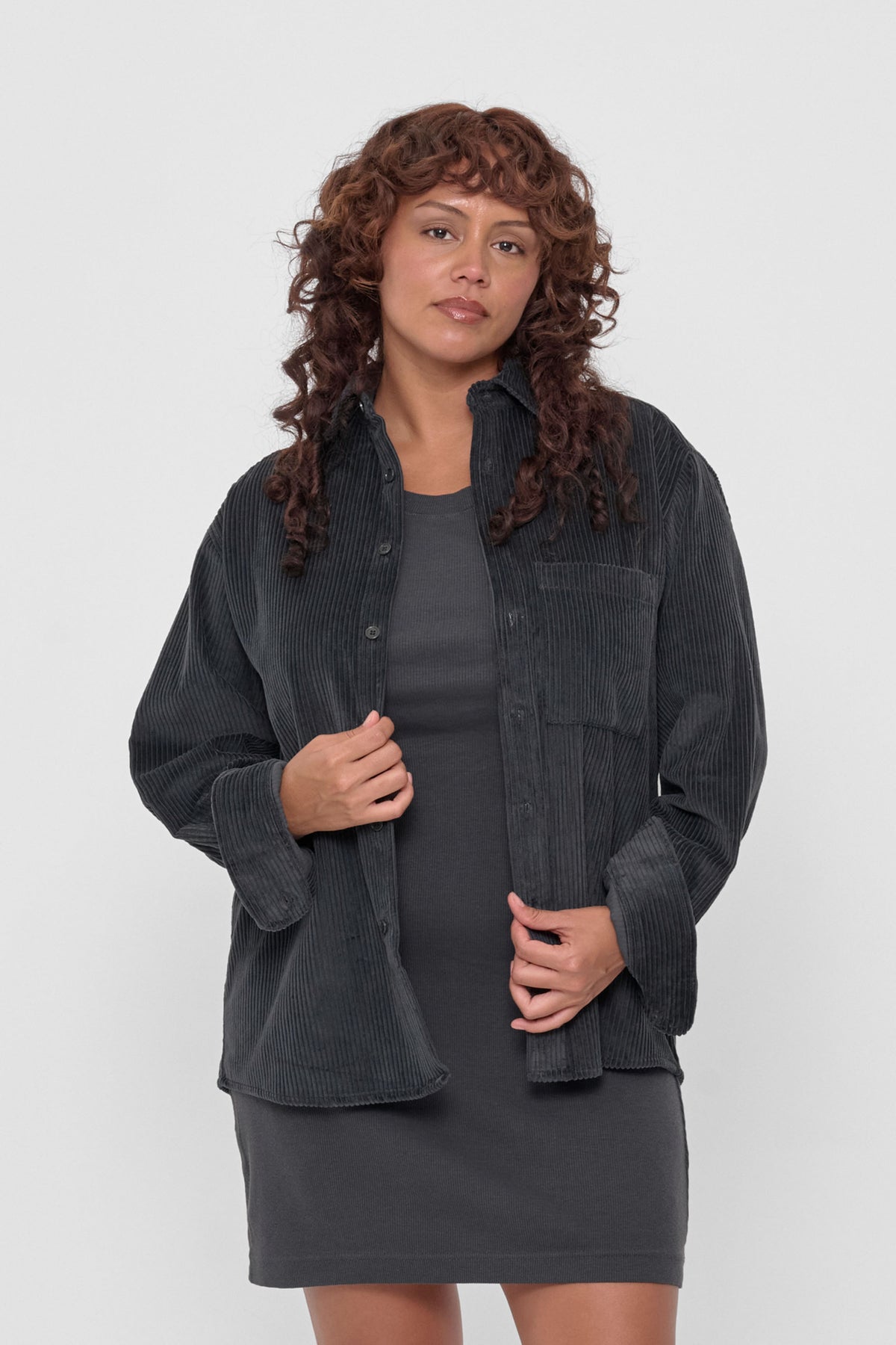 Cord Button-Up Shirt in Slate – front view on model