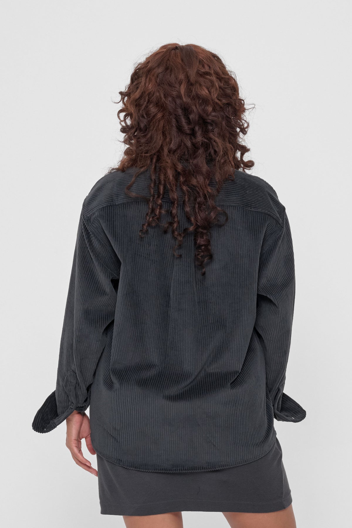 Cord Button-Up Shirt in Slate – back view on model