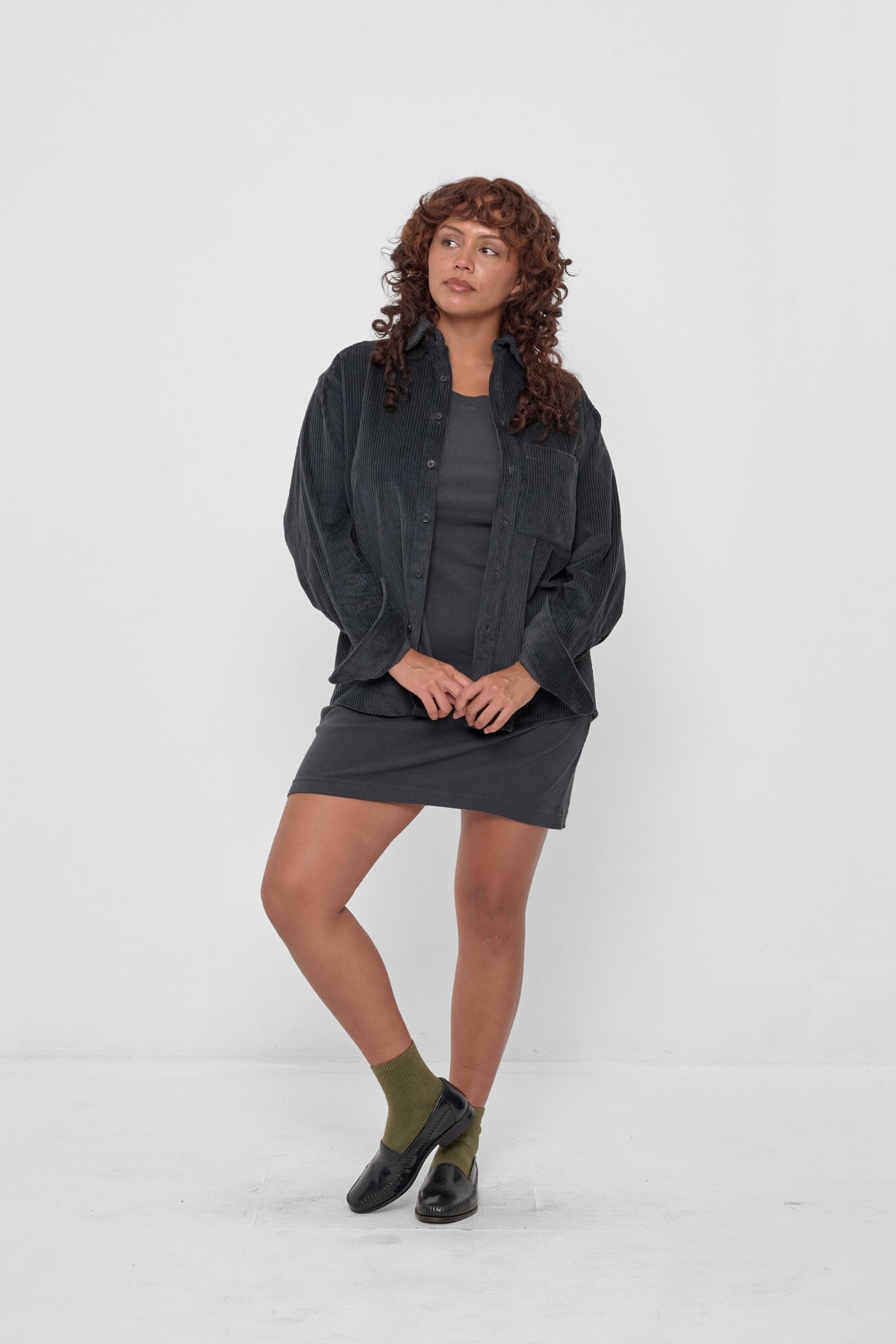 Cord Button-Up Shirt in Slate – full body front view on model, styled with Slate Rib Dress and Olive Squishy Socks