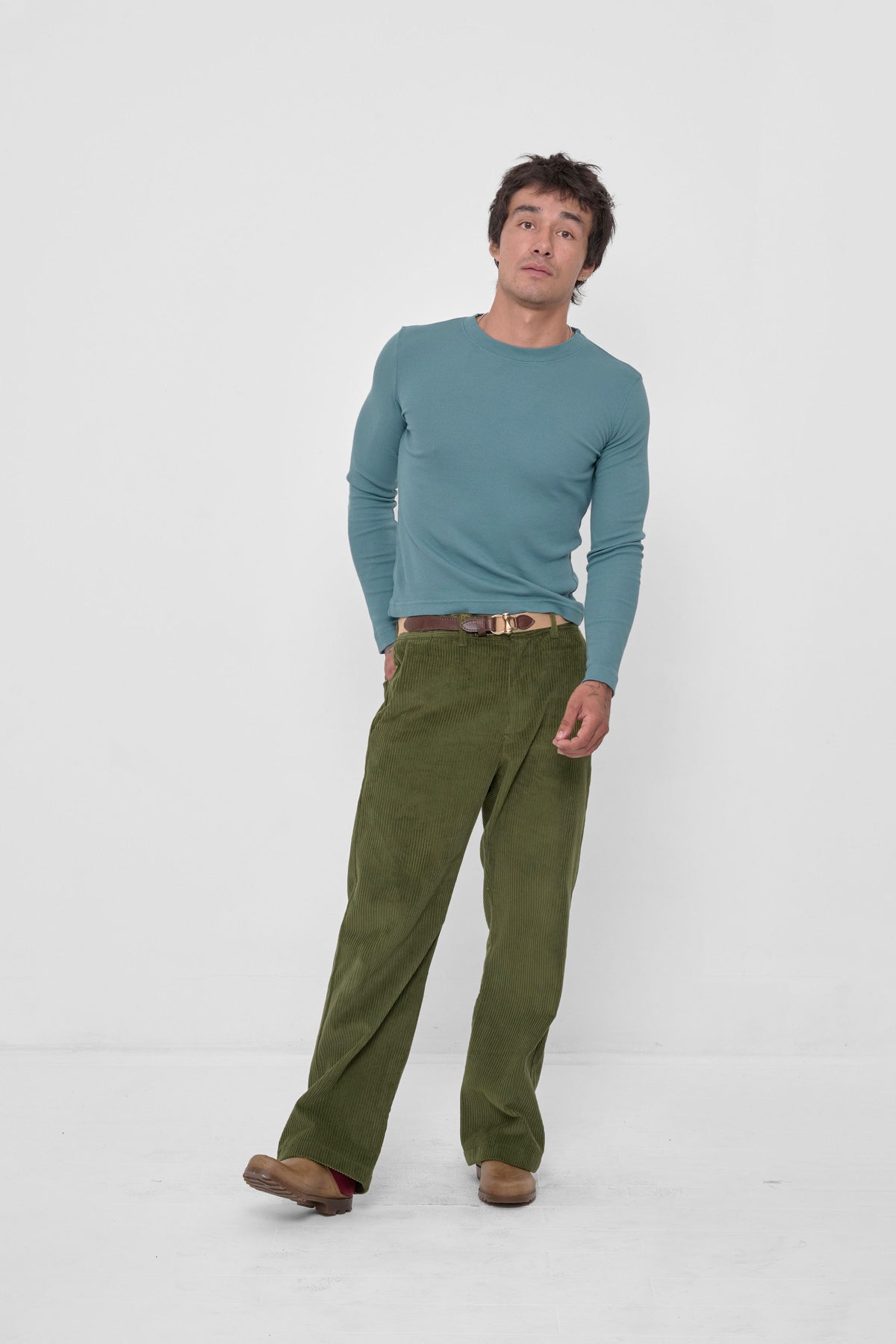 Cord Pants in Olive – front view on model, styled with Oyster Rib Long Sleeve