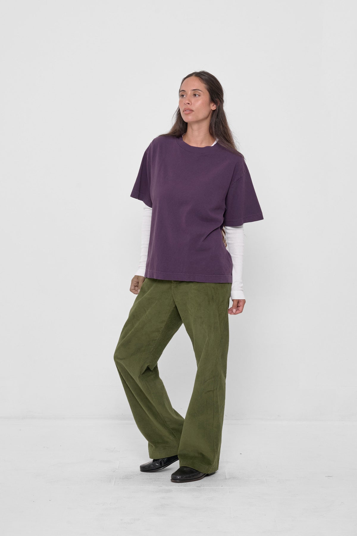 Cord Pants in Olive – front view on model, styled with Washed Mulberry Boxier Trash Tee and White Rib Long Sleeve 