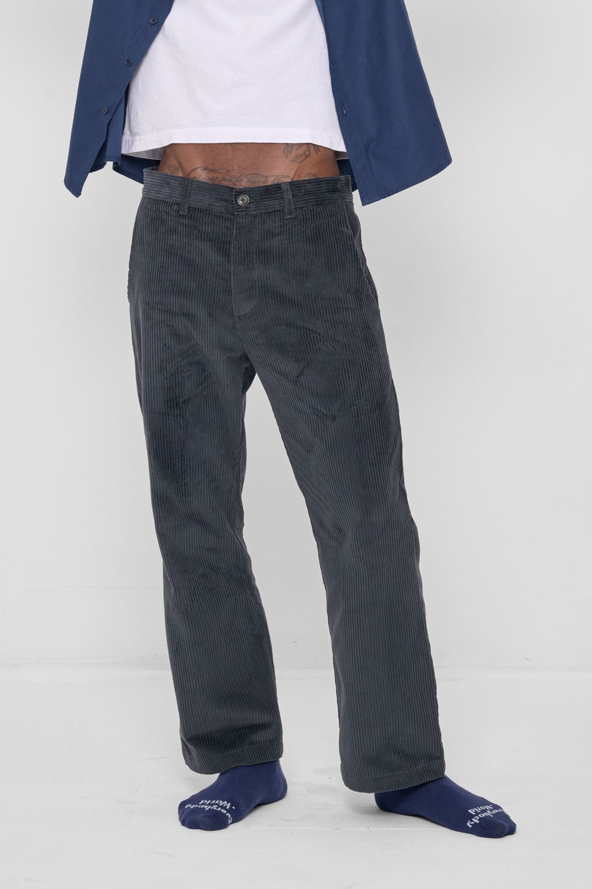 Cord Pants in Slate – front view on model