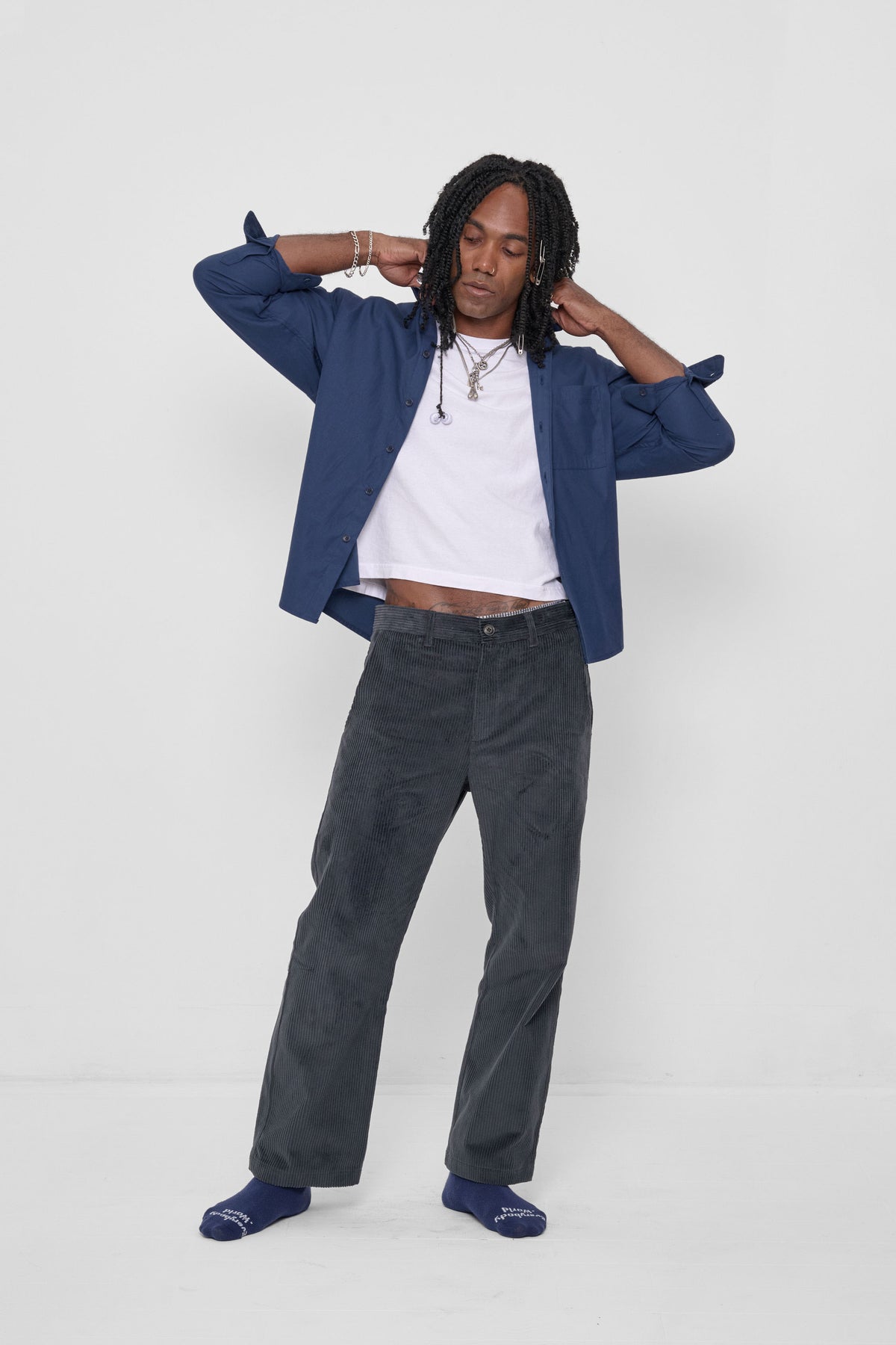 Cord Pants in Slate – front view on model, styled with White Tailored Trash Tee and Washed Navy Peach Fuzz Twill Button Up        