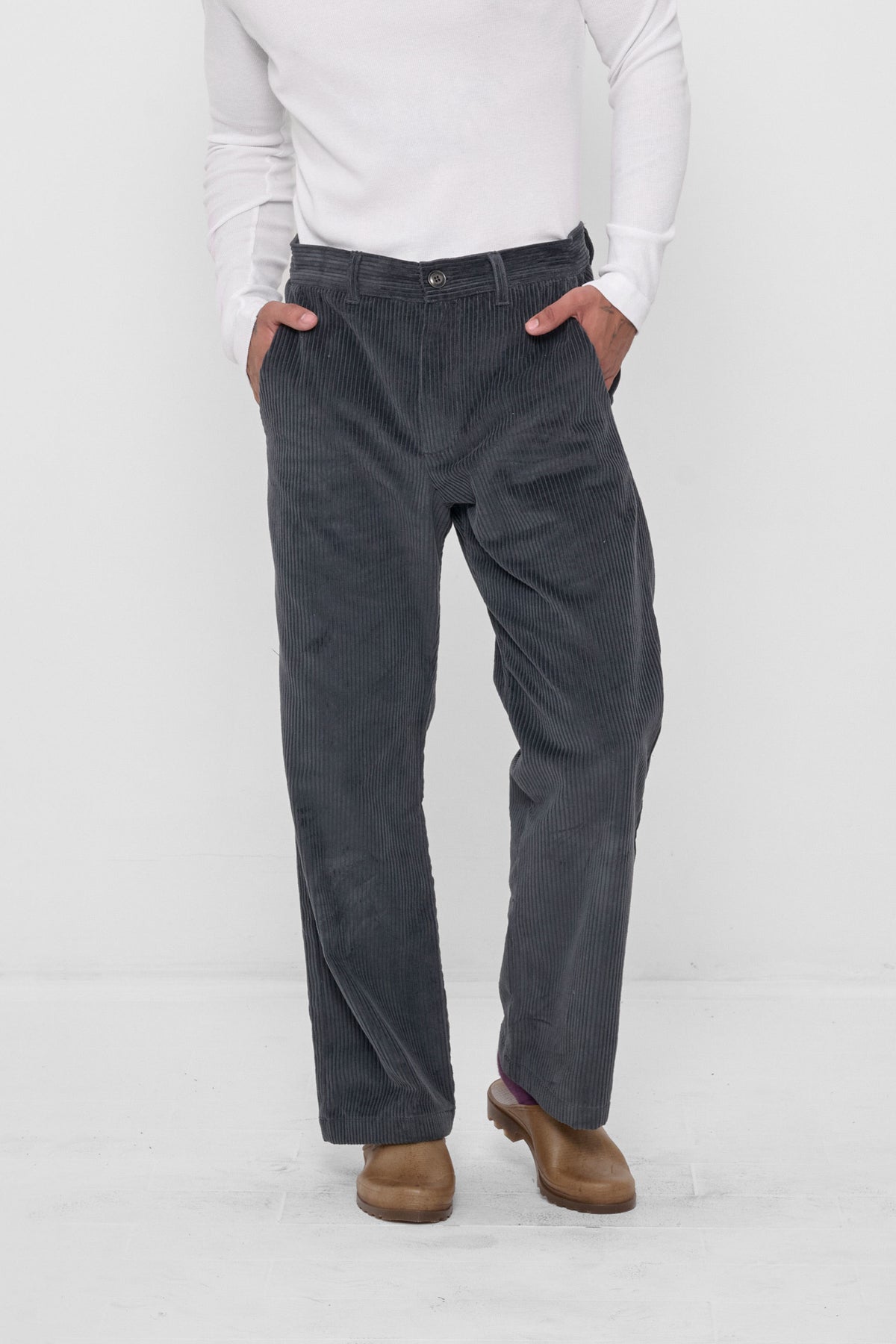 Cord Pants in Slate – front view on model