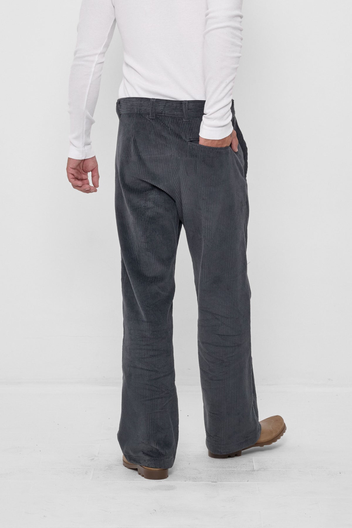 Cord Pants in Slate – back view on model