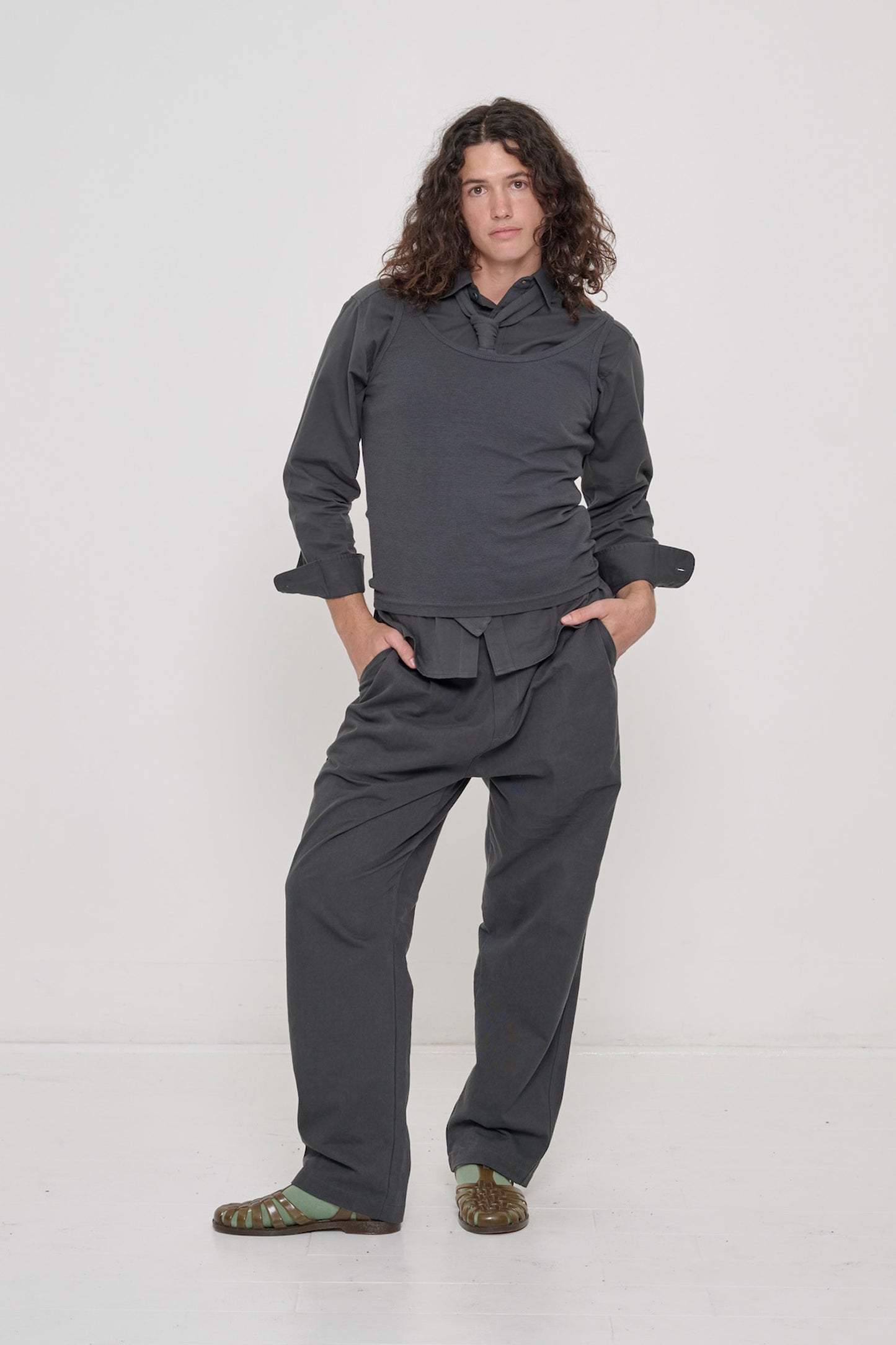 6' model in Slate Cotton Twill Life Uniform Pants, worn oversized for a relaxed fit.