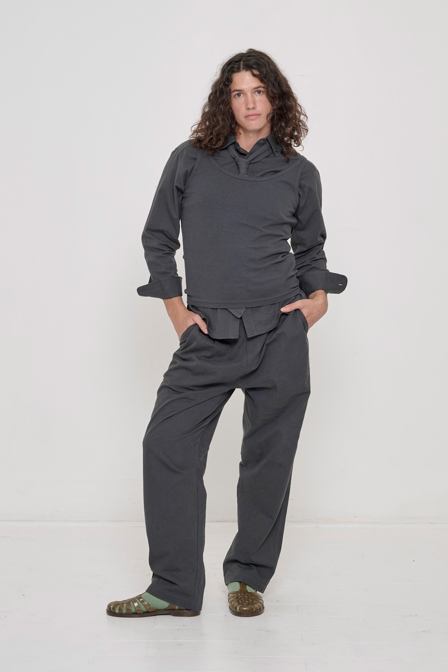 6' model in Slate Cotton Twill Life Uniform Pants, worn oversized for a relaxed fit.
