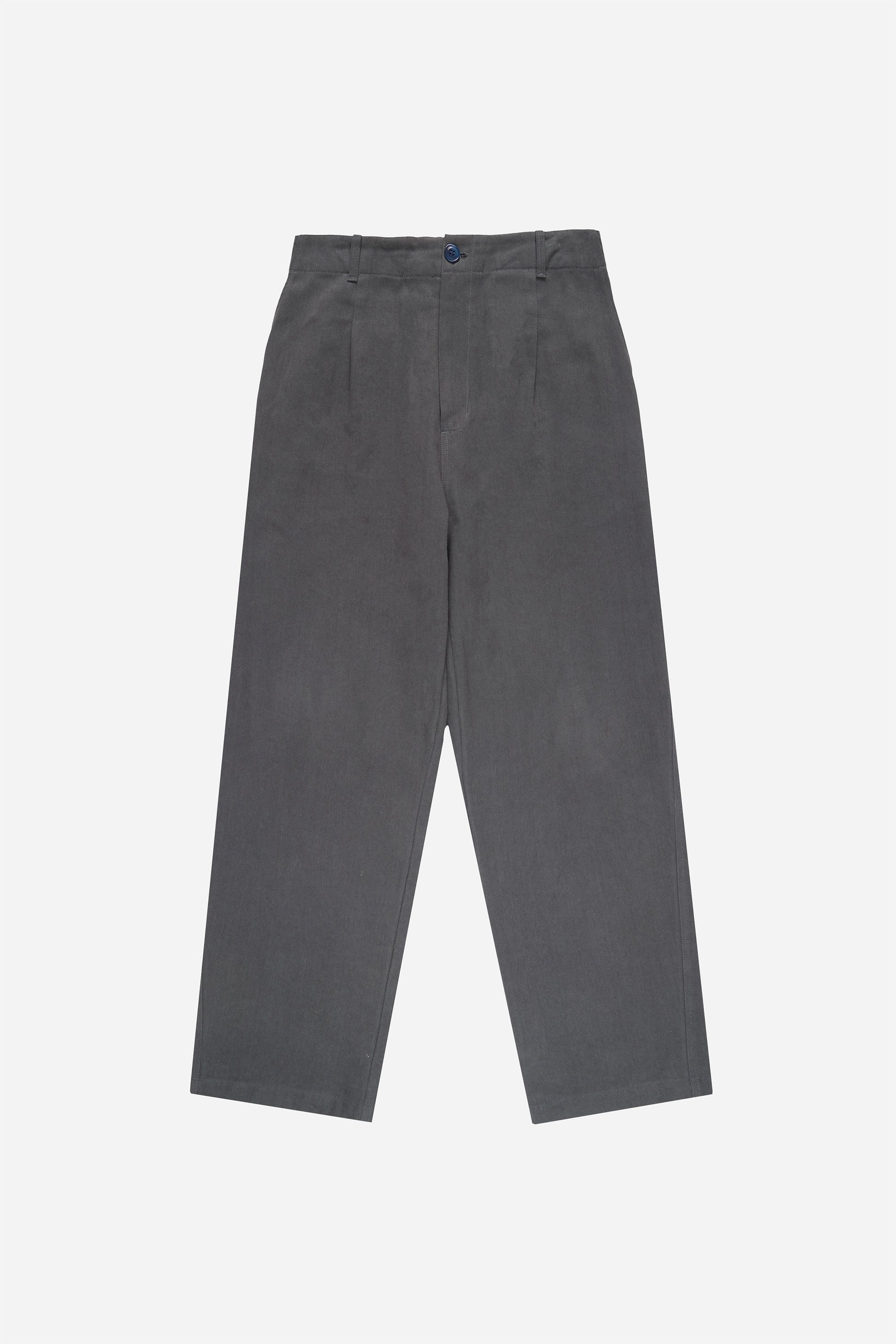 Flat lay of Slate Cotton Twill Life Uniform Pants showing the silhouette, front belt loops, mini pleats and top button.
