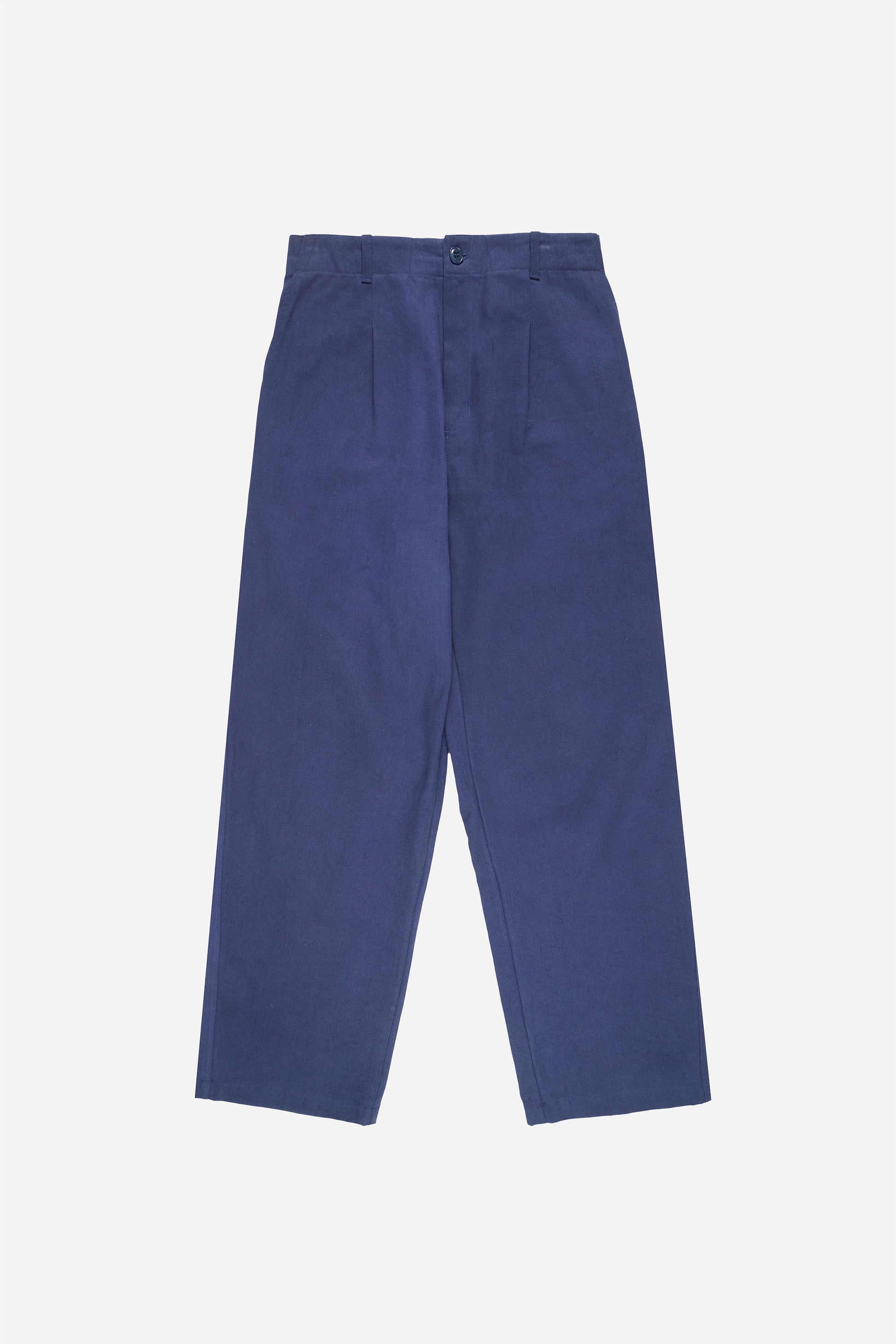 Flat lay of Washed Navy Cotton Twill Life Uniform Pants showing silhouette, front belt loops, mini pleats and button.