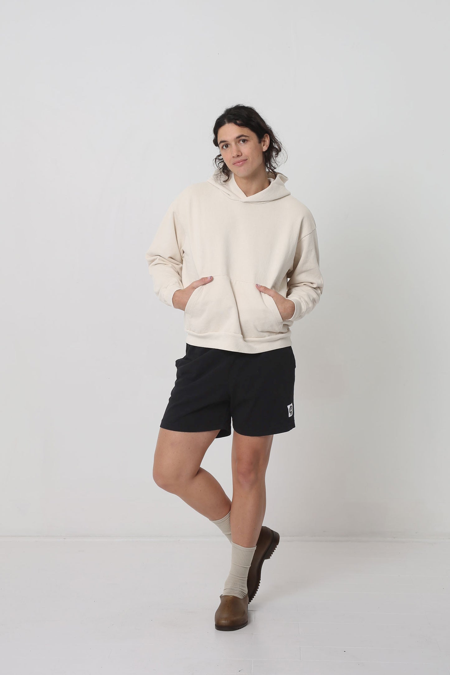 Styled with a Scour Trash Hoodie, Oat Squishy Socks and Plasticana Gardana Clogs.