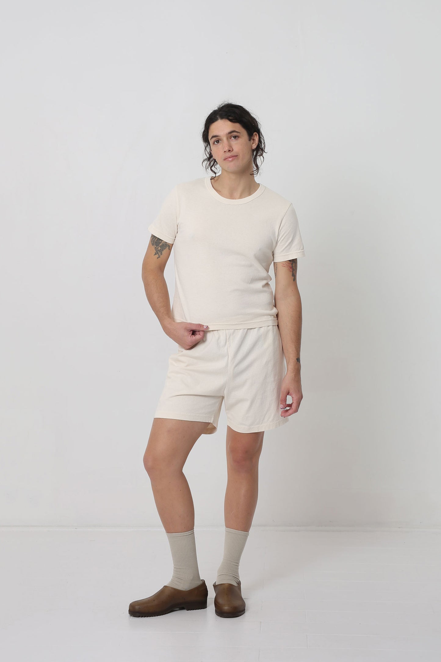 Styled with a Scour Tailored Trash Tee, Oat Squishy Socks and Plasticana Gardana Clogs.