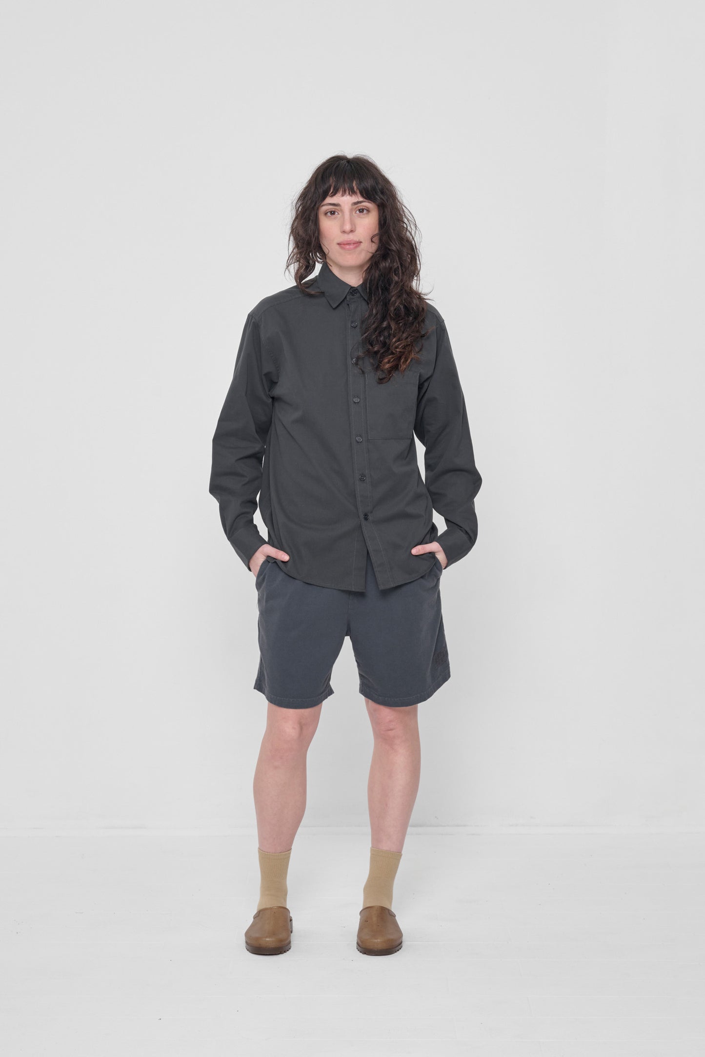 Styled with Slate Peach Fuzz Twill Button-Up Shirt and Plasticana Opana Mules.