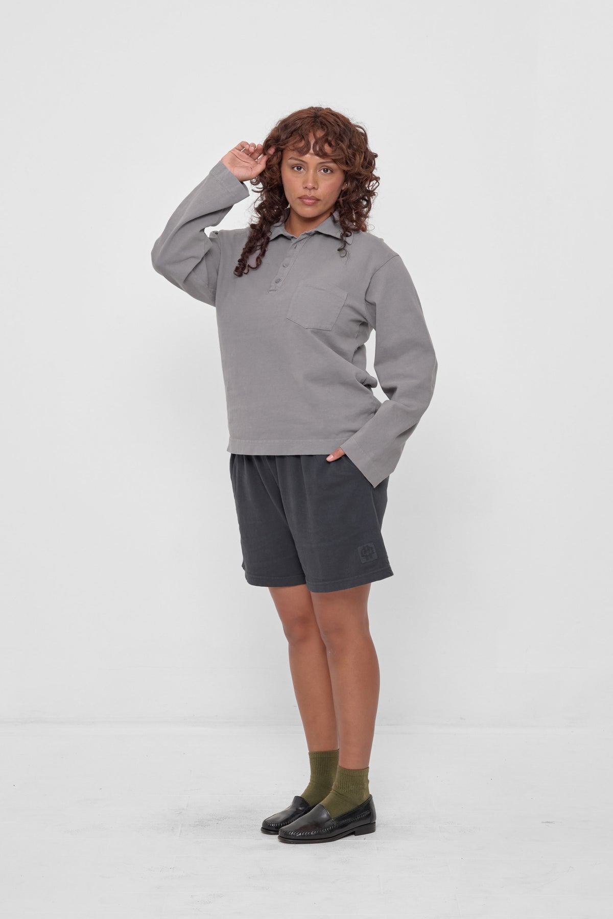 Everyday Shorts in Slate - styled with matching Rugby Trash Polo, Olive Squishy Socks, and loafers