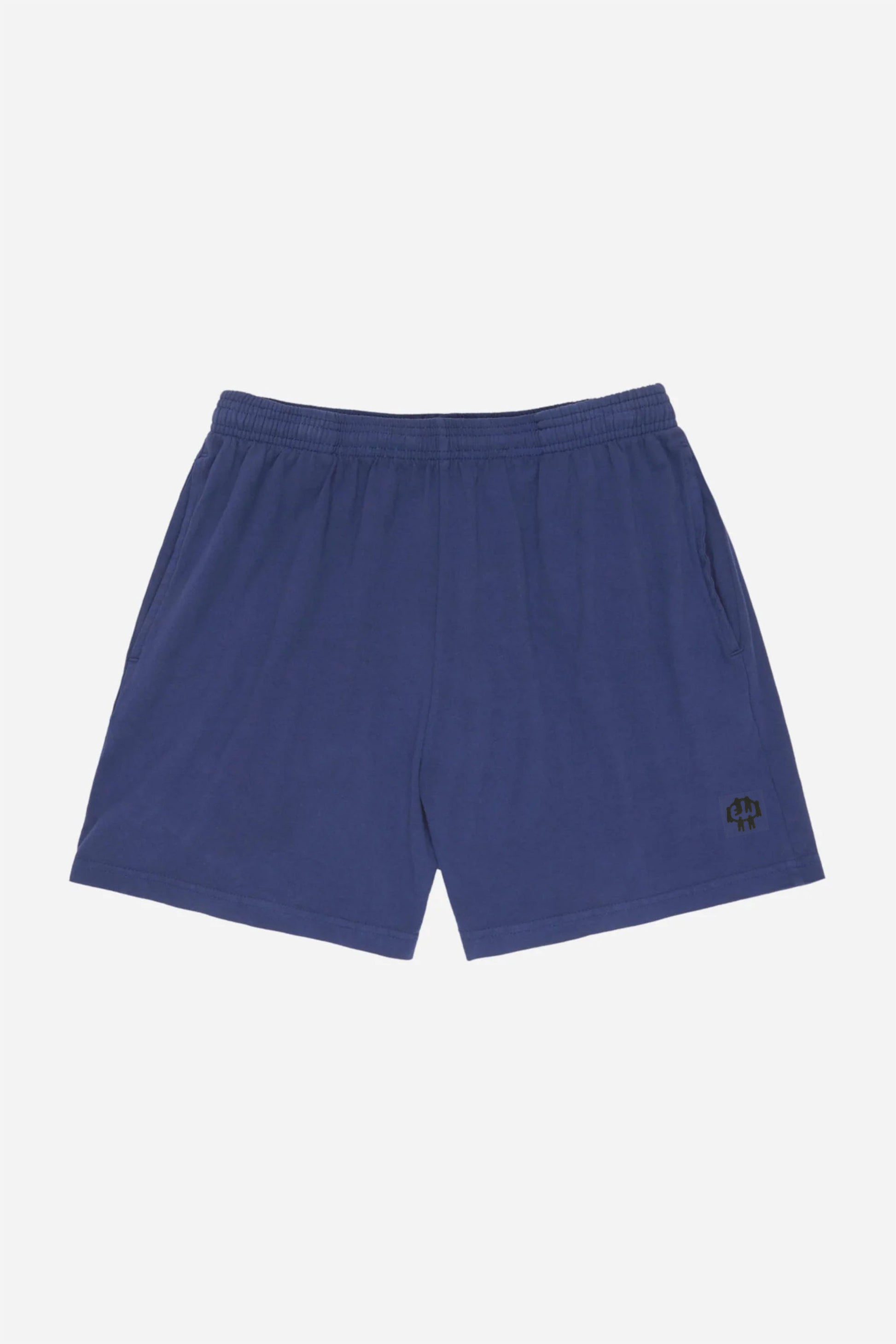 Flat lay of Washed Navy Everyday Shorts. Shows elastic waist, side pockets, and small logo patch on left thigh. 