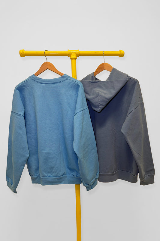 L Crewneck & Trash Hoodie, back view
