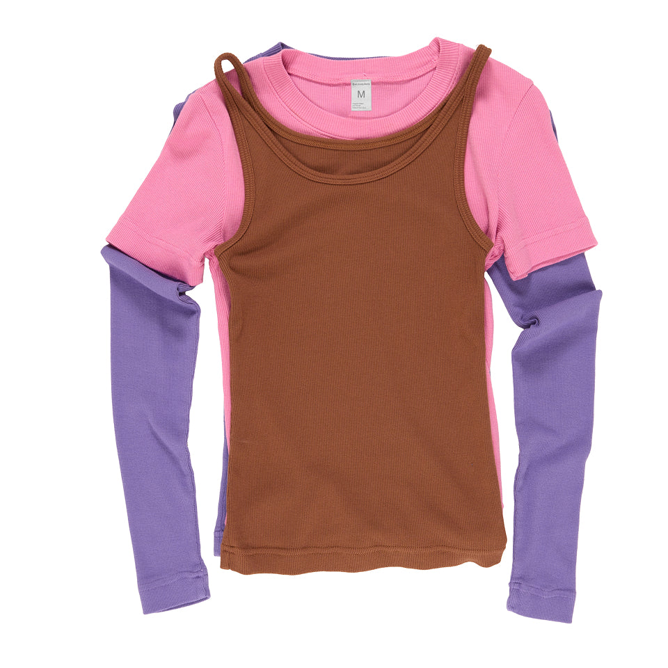 Rib Long Sleeve in Carpe Diem under Rib Short Sleeve in Pixie under Rib Tank in Potting Soil, all laid flat on white background.