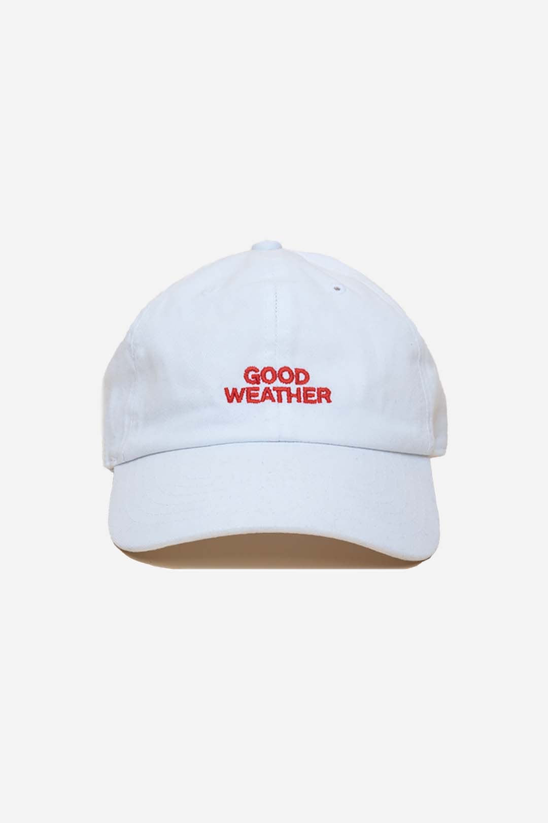 White cap with 'GOOD WEATHER' text in red on a white background