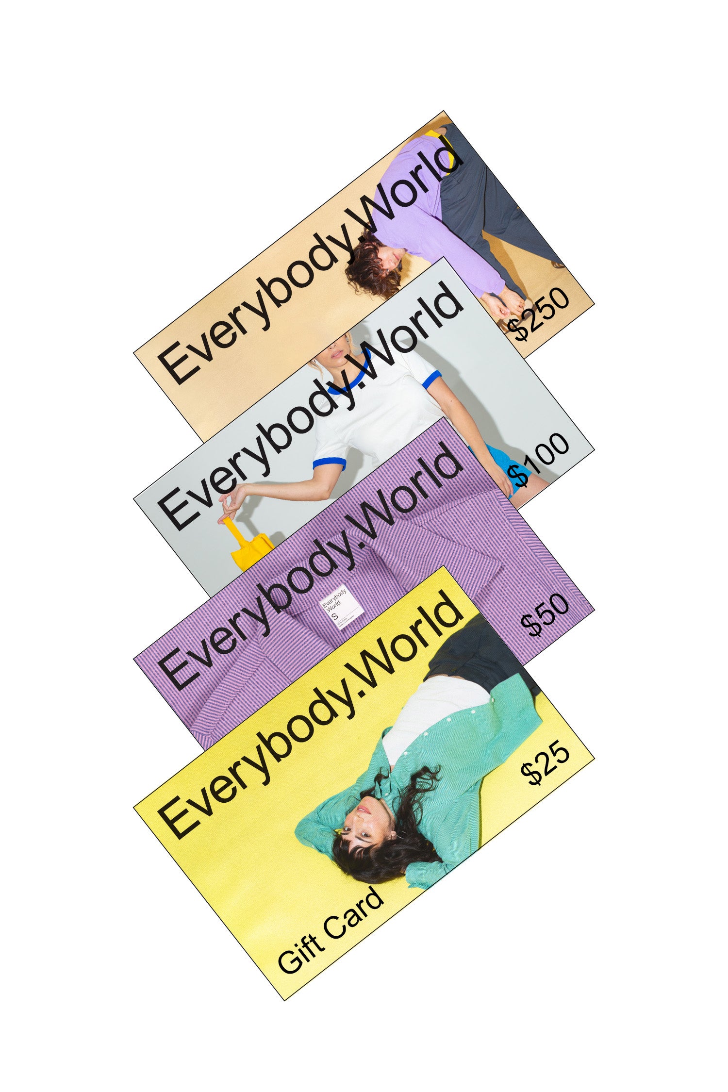 Four Everybody.World Gift Cards ($25, $50, $100, $250) stacked like a Christmas tower.