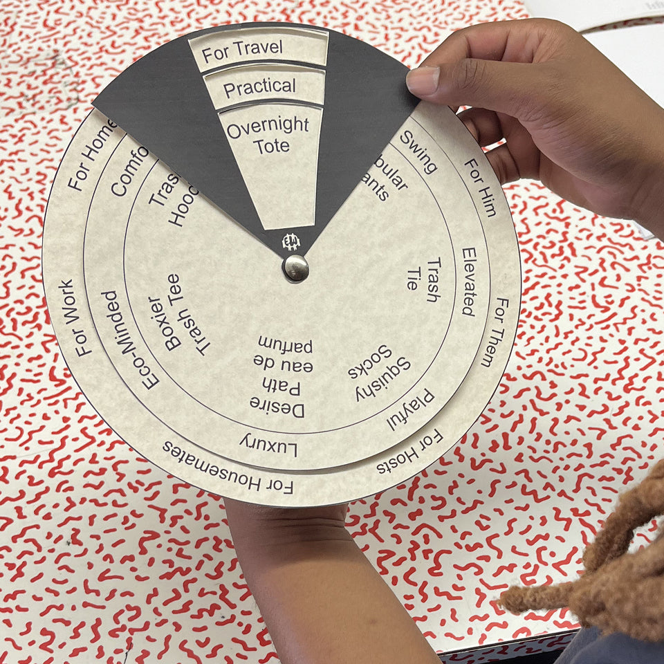 Person holding a circular selection tool with text on it, landing on "For Travel, Practical, Overnight Tote".