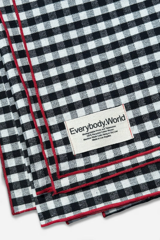 Black and white checkered fabric with red border and 'Everybody World' label.
